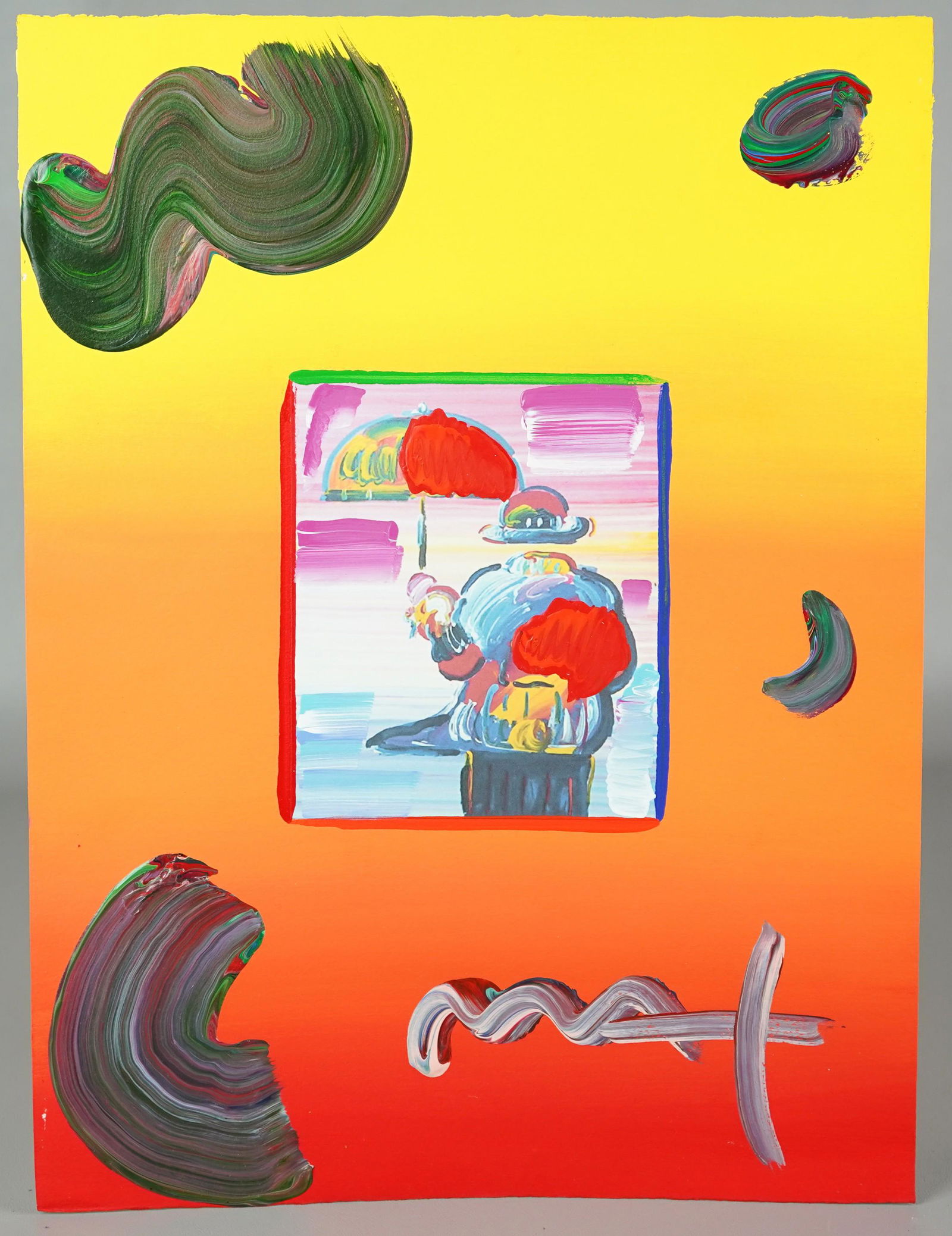 Peter Max Mixed Media "Umbrella Man": Peter Max (American, b 1937) mixed media "Umbrella Man", lithograph with hand painting by the artist, hand signed "Max", image size 6" x 5", sheet size 16" x 12", very good condition