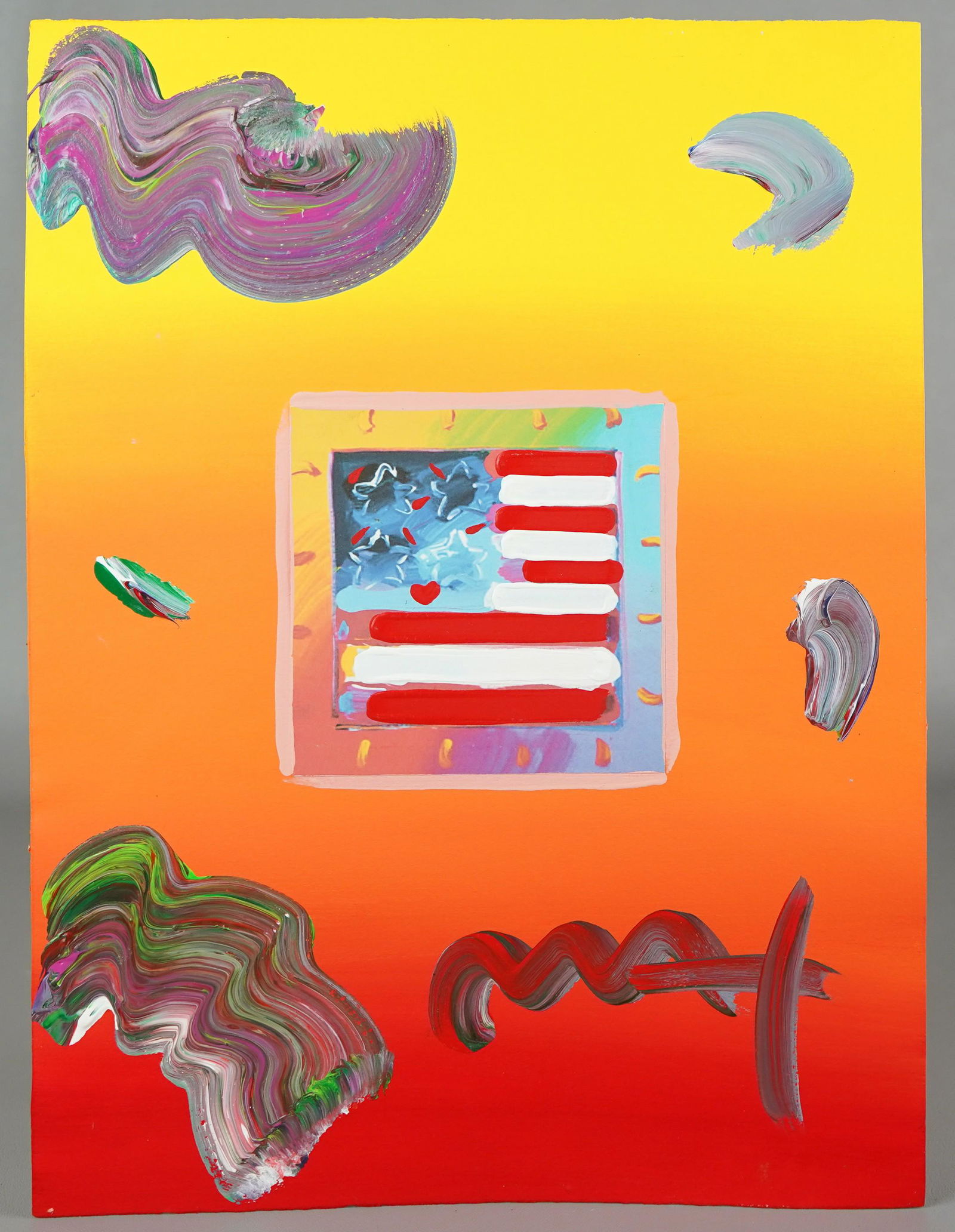 Peter Max Mixed Media "Umbrella Man": Peter Max (American, b 1937) mixed media "Umbrella Man", lithograph with hand painting by the artist, hand signed "Max", image size 5" x 5", sheet size 16" x 12", very good condition