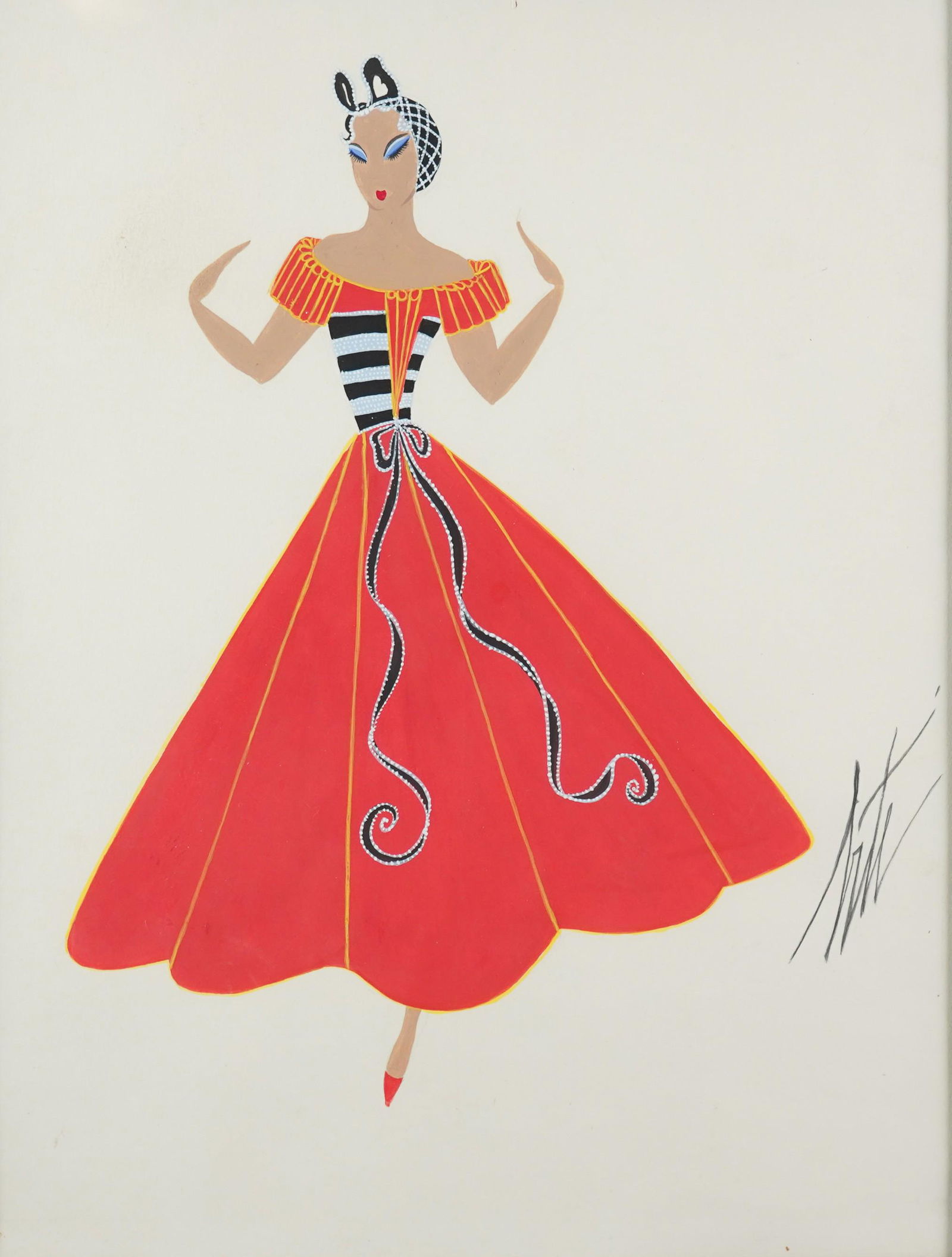 Erte Original Fashion Illustration Painting: Erte Romain de Tirtoff (Russian-American, 1892-1990) original fashion illustration painting, gouache on paper, pencil signed "Erte", stamped on back "Erte Romain de Tirtoff", 14" x 11" sheet, image 11