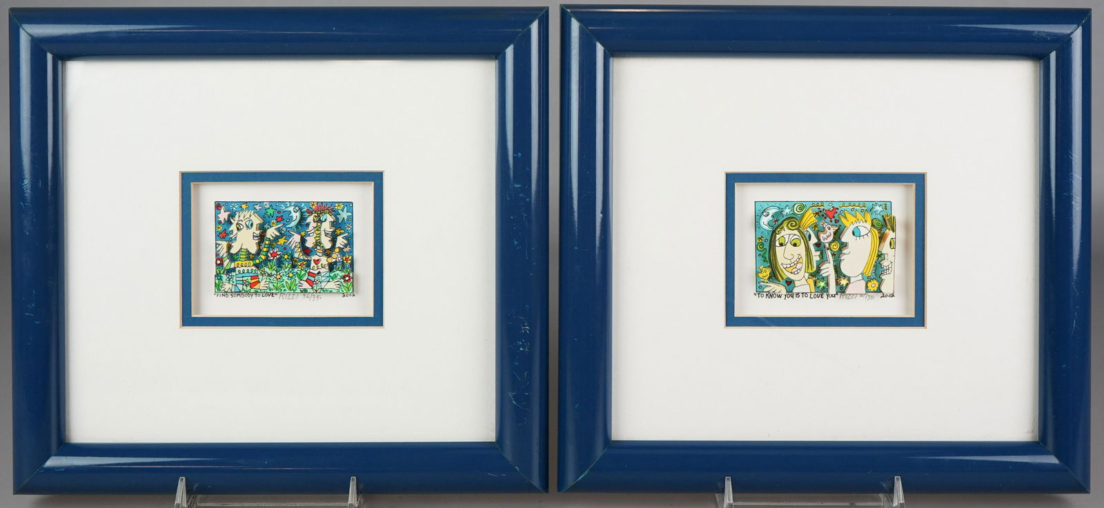 James Rizzi (2) 3D Artworks: James Rizzi (American, b 1950), (2) 3D Artworks, "Find Somebody to Love", 36/350; "To Know You is to Love You", 61/350, lithography on cut paper, signed "Rizzi 2000", size of artwork 2" x 3", framed s