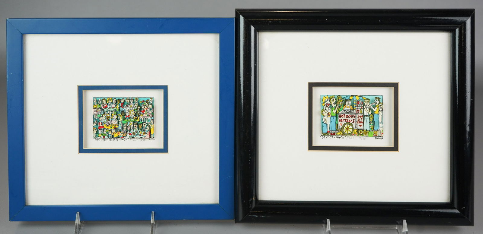 James Rizzi (2) 3D Artworks: James Rizzi (American, b 1950), (2) 3D Artworks, "Street Lunch", 14/350; "The Brunch Bunch", 37/350, lithography on cut paper, pencil signed "Rizzi 2002", size of work, 3" x 2", framed size 10-3/4" x