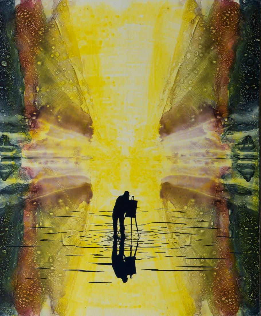 Todd Hebert (American, b 1972) monotype "Painter #2": Todd Hebert (American, b 1972) monotype "Painter #2", ink on paper, pencil signed "T Hebert" on reverse, published and printed by Pilliod Records NY, 2007, 16-5/8" x 13-5/8" sheet, very good condition