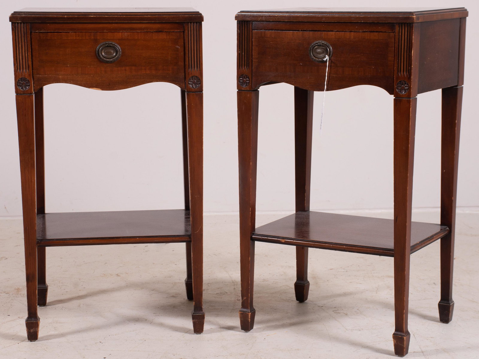 Pair Kindel Mahogany Hepplewhite style stands: Pair Kindel Mahogany Hepplewhite style one drawer stands, 28-1/2" h x 16" w, light wear