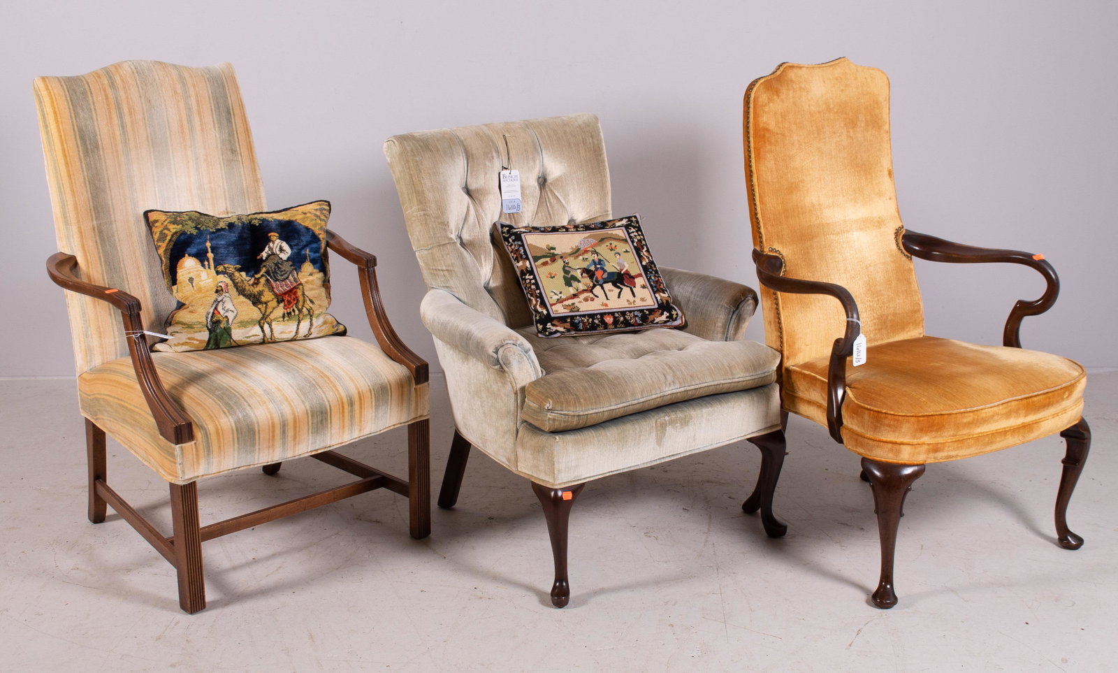 (3) Decorative upholstered armchairs: (3) Decorative upholstered armchairs, c/o Chippendale style chair, QA style lounge chair, QA style upholstered armchair, largest 43" h, seat height 17" h