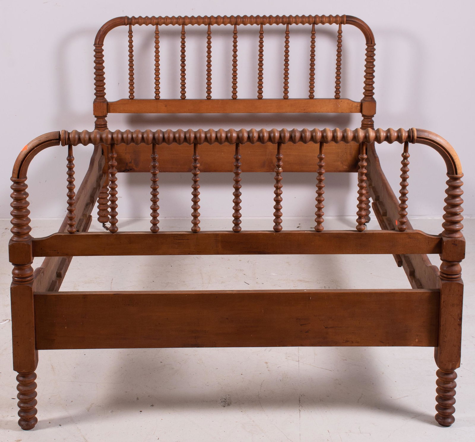 Maple double size spool turned bed: Maple double size spool turned bed, 38" h x 55-1/2" w