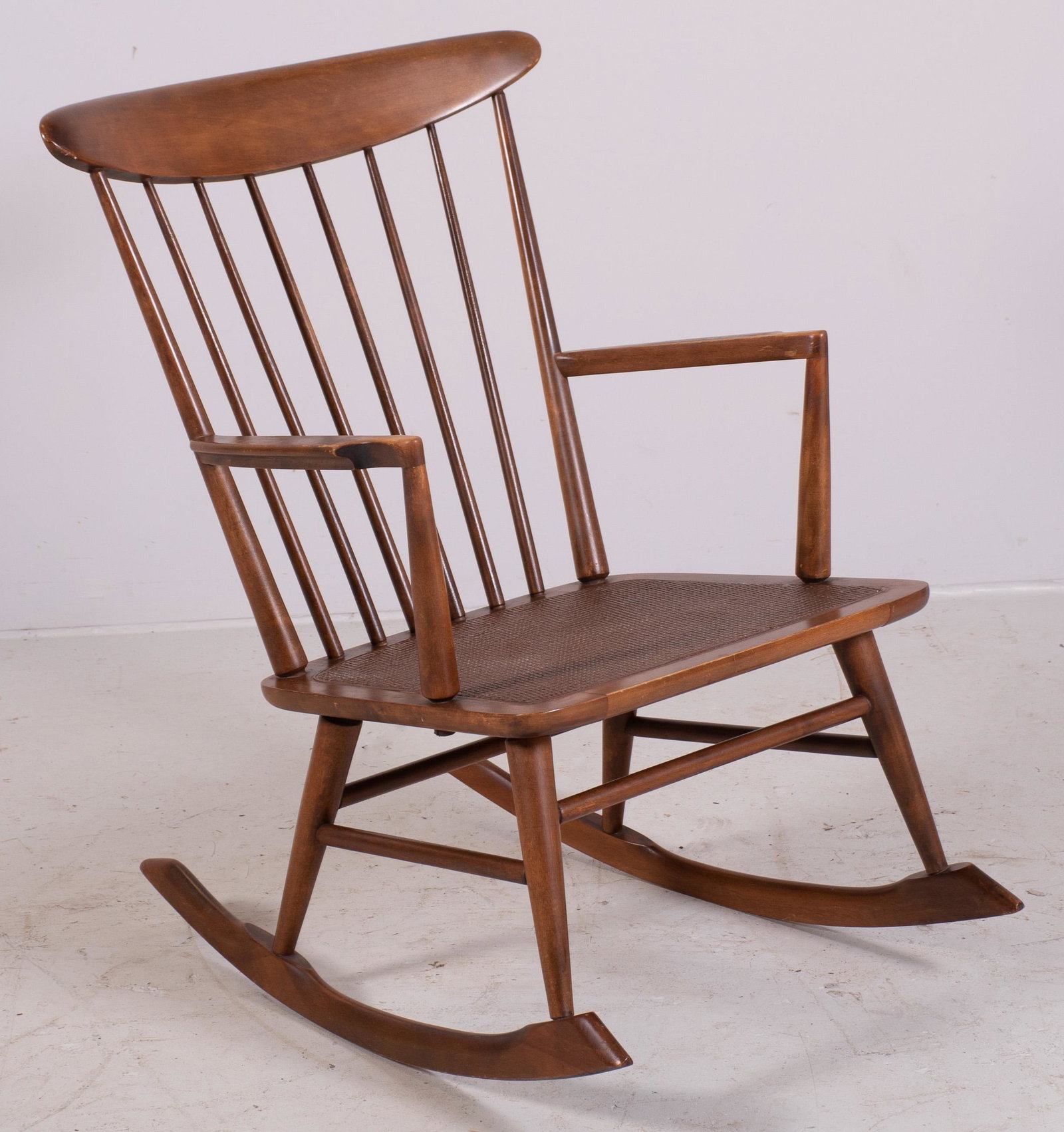 Modern Design woven seat rocker: Modern Design woven seat rocker, light wear to finish, 35" h, seat height 16" h