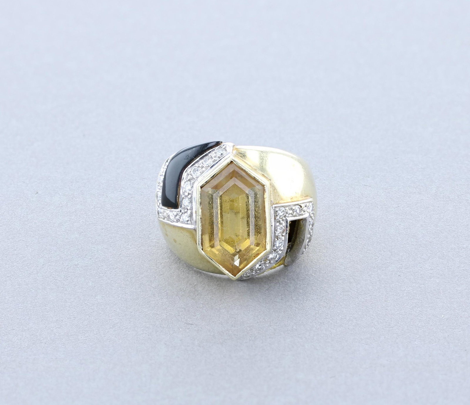 14K YG Mans Ring, pale amethyst colored center st: 14K YG Mans Ring, pale amethyst colored center stone, 22 small diamonds, blue enamel accent (one missing), 8.7 dwt