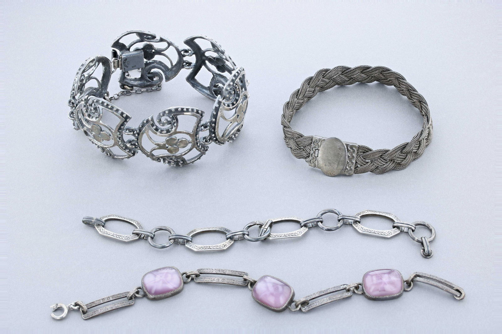 (4) Sterling Silver Bracelets, 6 panel filigree,: (4) Sterling Silver Bracelets, 6 panel filigree, mesh, 2 link,