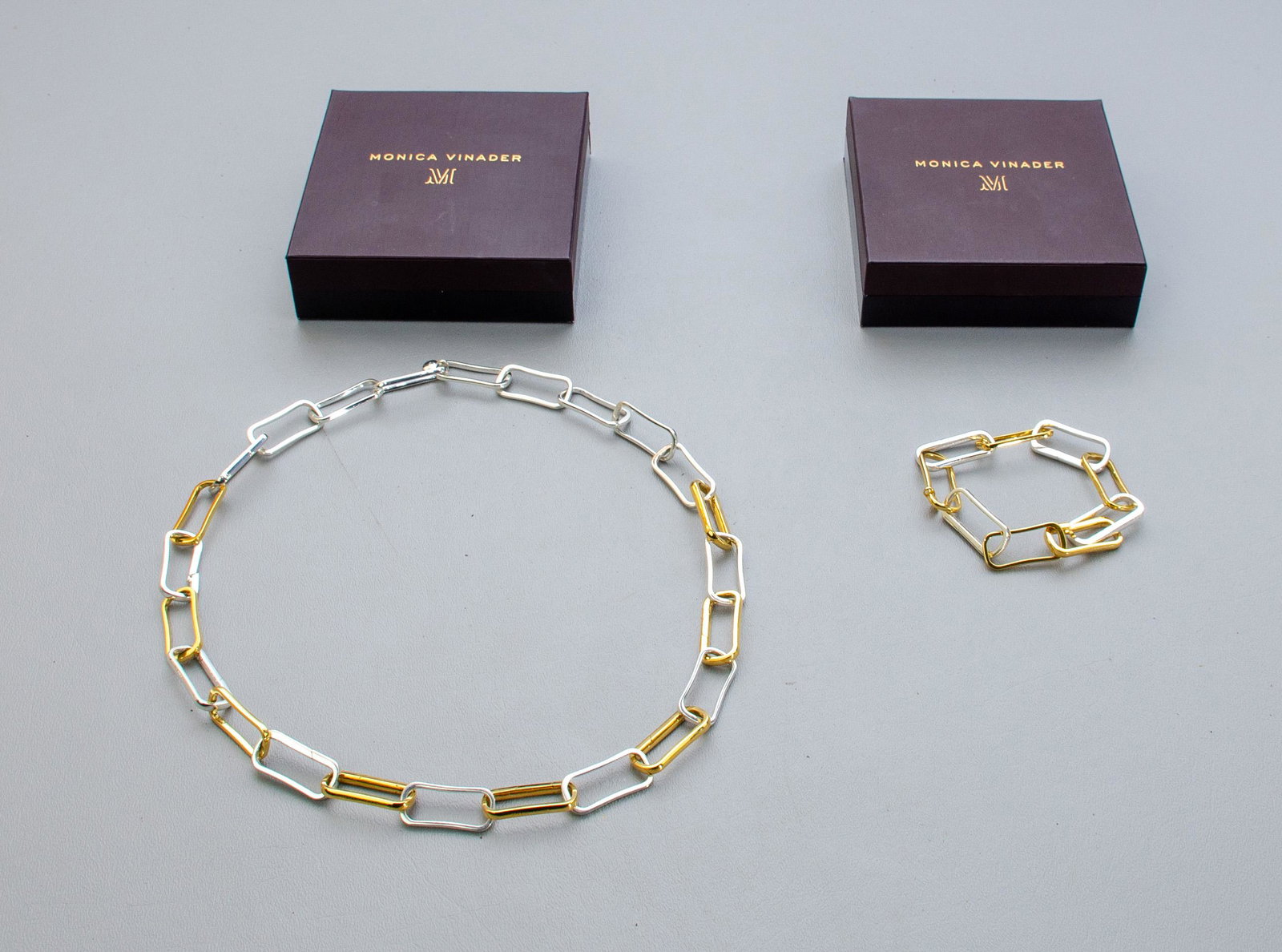 Monica Vinader Alta Capture Necklace and Bracelet: Monica Vinader Alta Capture Necklace and Bracelet Set C/O: (1) 9" bracelet and (1) 24" Chain; Two-Tone silver and gold filled.