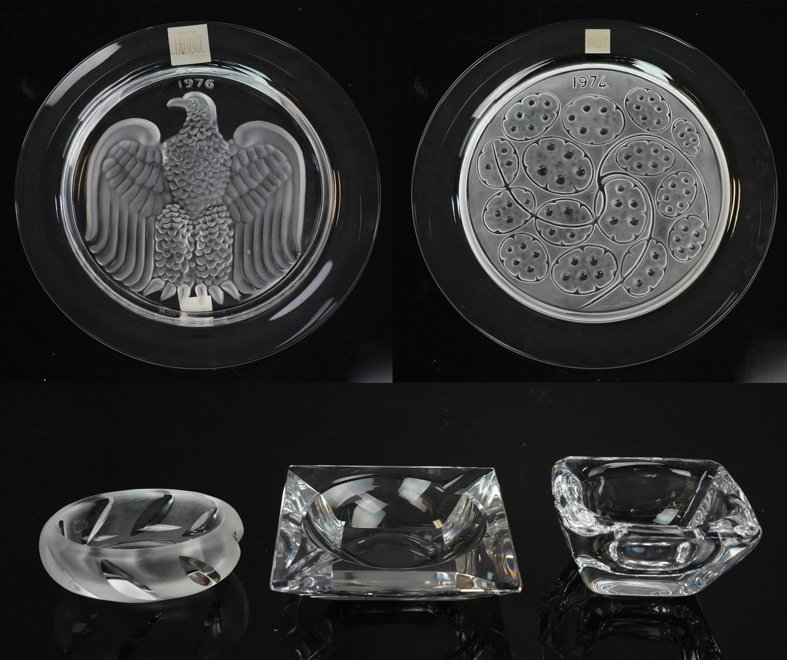 (5) Pieces of Crystal, Lalique, Daum, Val St Lambert: (5) Pieces of crystal, c/o Lalique 1976 Bicentennial plate, Lalique 1974 Holiday plate, Lalique oval open salt, Daum France ashtray, Val St Lambert ashtray, largest 8-1/4" dia