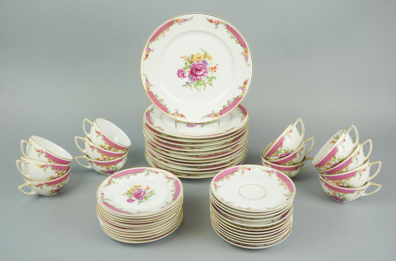 (48) Pcs Rosenthal Kings Rose Dinnerware: (48) Pcs Rosenthal porcelain dinnerware, Kings Rose pattern, c/o (12) 9-1/2" dinner plates (1 chipped), (11) 6" B&B plates, (13) teacups, (12) saucers