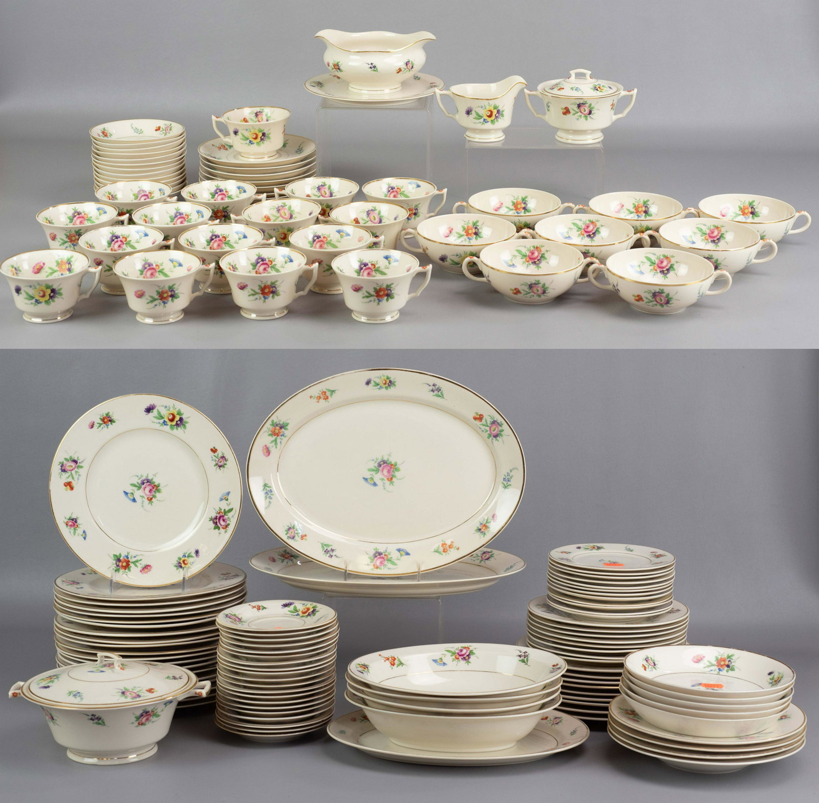 (134) Pcs Syracuse Old Ivory Selma Dinnerware: (134) Pcs Syracuse China dinnerware, Old Ivory Selma pattern, c/o (20) 9-3/4" dinner plates, (9) 9" luncheon plates, (8) 8" salad plates, (12) 6-1/4" B&B plates, (13) 5" fruit bowls, (4) 8-3/4" soup b