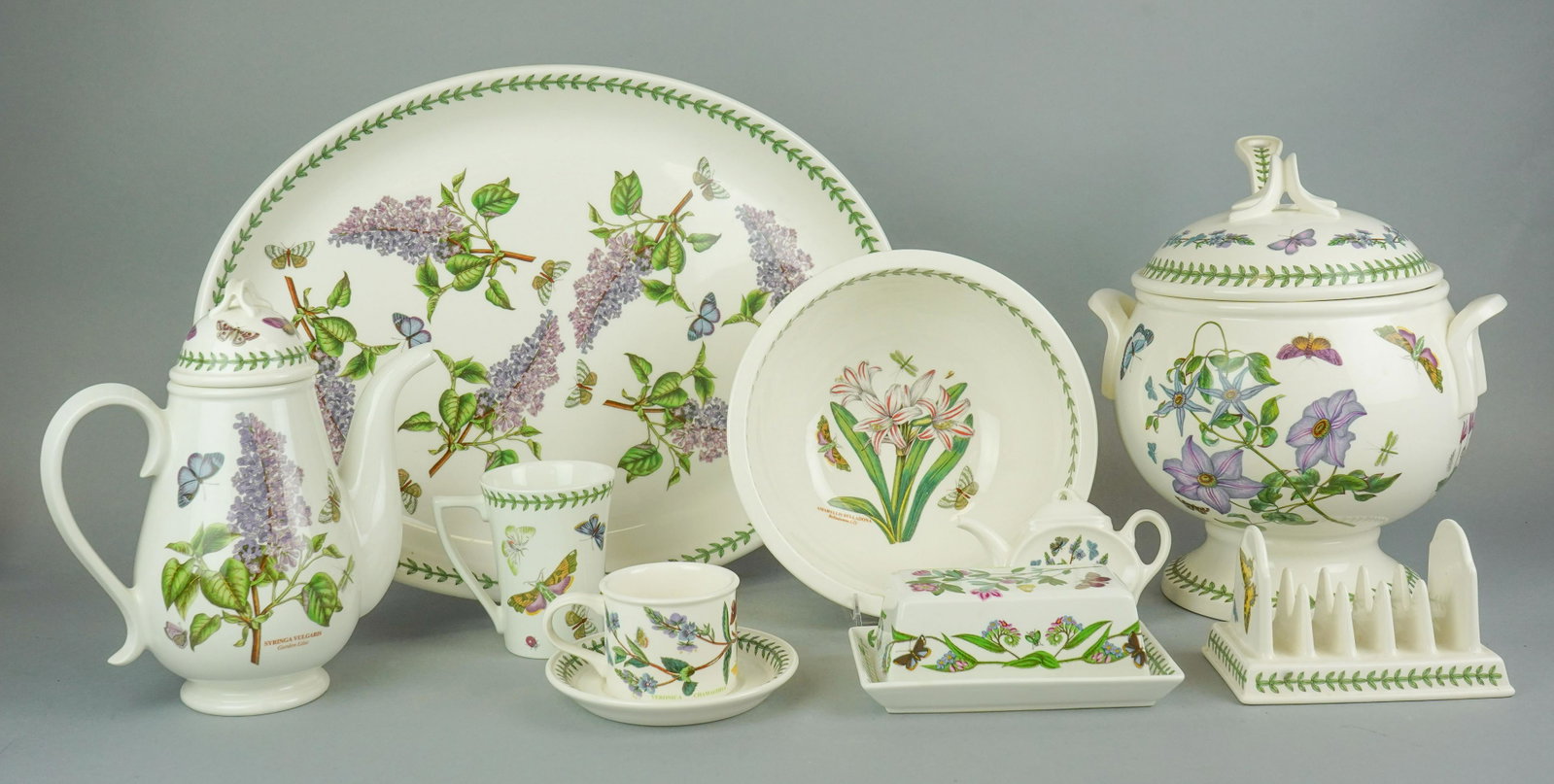 (45) Pcs Portmeirion Botanic Garden Dinnerware: (45) Pcs Portmeirion dinnerware, Botanic Garden pattern, c/o (5) teacups, (5) saucers, (21) tall mugs, round serving bowl, 20" x 15" oval shallow bowl/platter, covered butter, tureen, ladle, toast hol