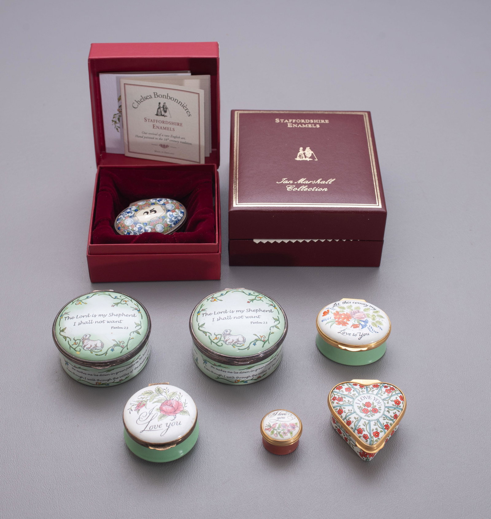 (7) Enamel Trinket Boxes: (7) Enamel trinket boxes, c/o Staffordshire Enamels 25th Anniversary, (2) Staffordshire Enamels "The Lord is my Shepherd", Crummles "I love you", Crummles " let this convey my Love to you", Halcyon Da