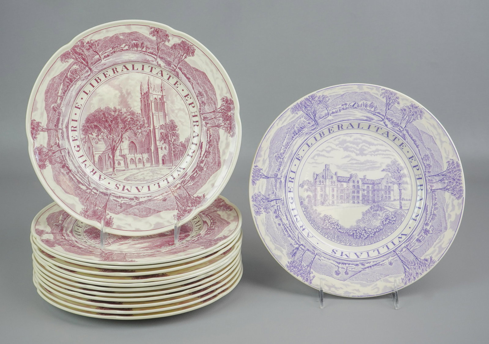 (13) Wedgwood Williams College Plates: (13) Wedgwood porcelain transferware plates, Williams College, Armigeri E Liberalitate Ephraim Williams, 11" dia, c/o (2) each red transfer, President's House, West College in 1790, The Campus in 1830