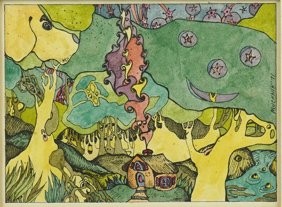 Michael Muchnik Illustration "Cottage in the Forest": Michael Muchnik (American, b 1952) PA artist, illustration "Cottage in the Forest", pen and ink with watercolor, signed "Muchnik '71", 3-3/16" x 4--3/8" image, matted size 8" x 10", very good conditio