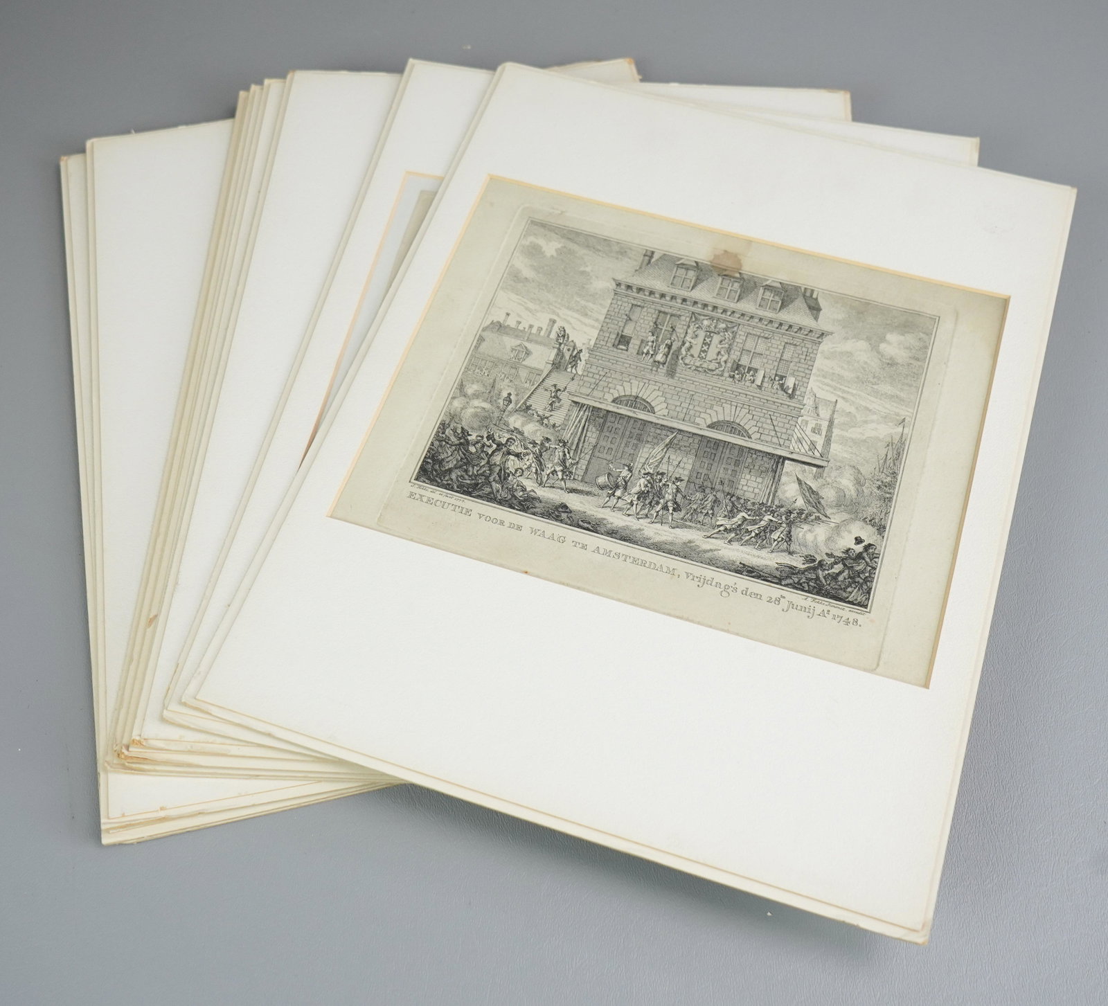 (9) Antique Engravings and Etchings: (9) Antique engravings and etchings, each on laid paper, includes G. Philips, A. Fokke Simonsz, and G. Brouwer, largest plates size 7" x 8", fair to good condition with some stains