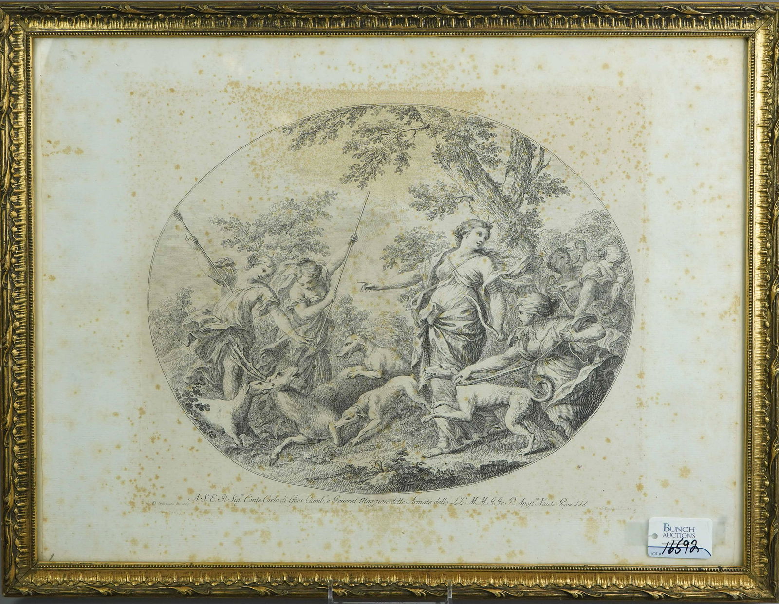 Francesco Bartolozzi Etching after A D Gabbiani: Francesco Bartolozzi (Italian, 1727-1815) etching after A D Gabbiani (1652-1726), " death of the Stag", etching on laid paper, 13" x 15-1/2" plate, 17" x 21-1/2" sheet, fair condition, foxing and area