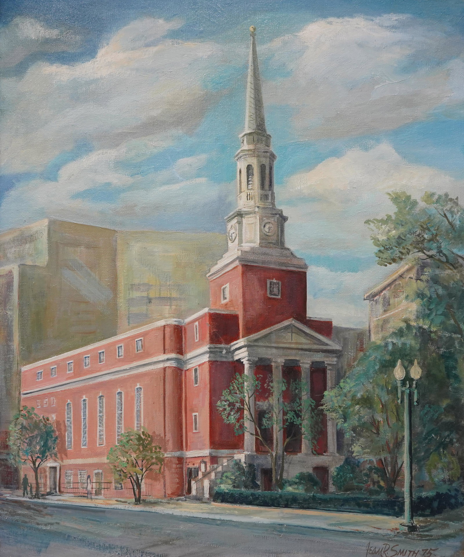 Jean Ranney Smith Painting of a Church: Jean Ranny Smith (American, 1929-2011) painting of a church, oil on canvas, signed "Jean R Smith '75", 20" x 24", framed 26-1/2" x 30-1/2", good condition