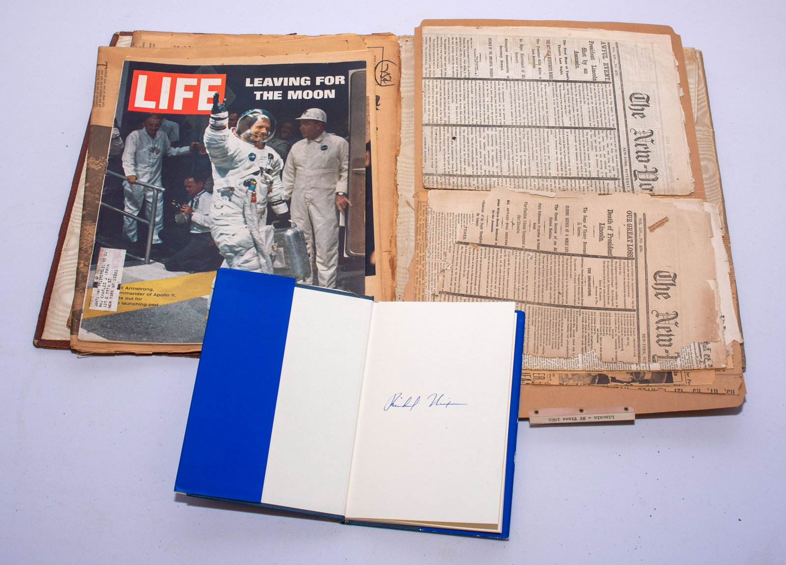Mixed Lot of Ephemera: Mixed lot, including signed Richard Nixon "Real Peace", American Bible Society committee reports from 1854, tattered newspaper ephemera 1865 referencing President Lincoln's assassination, Jane Darling