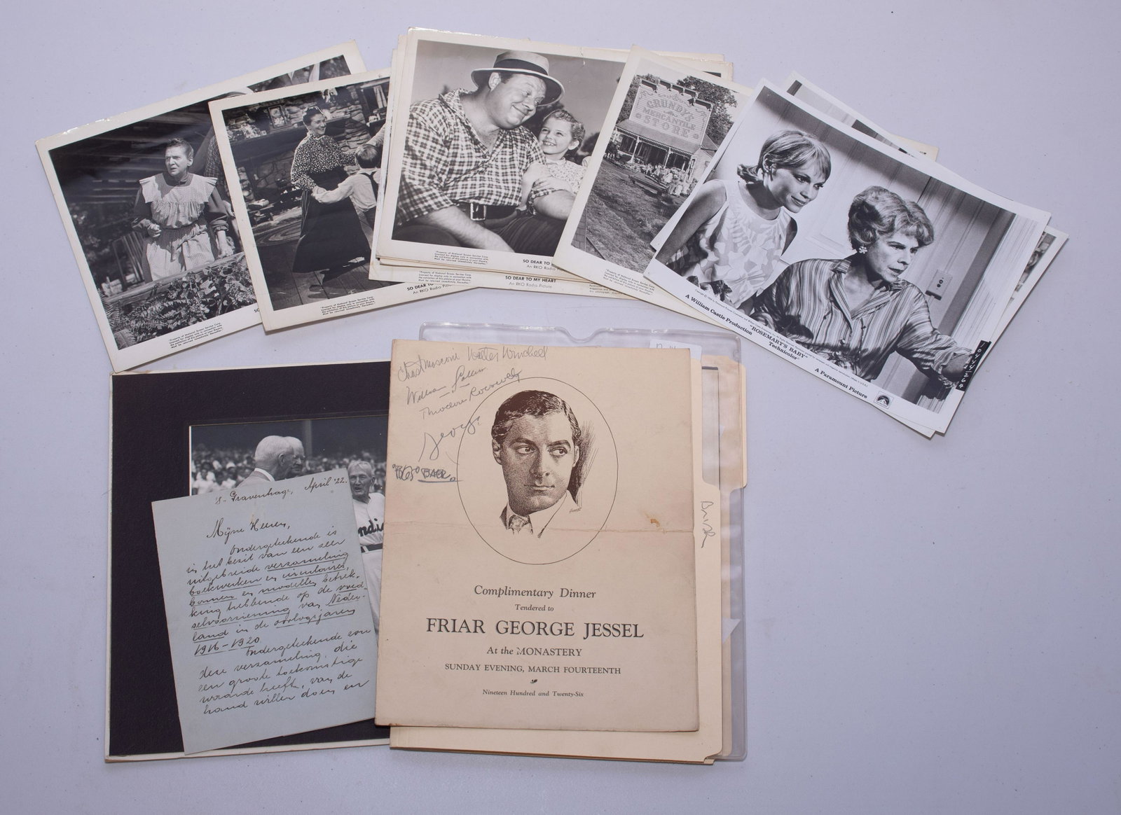 Lot of Ephemera: Lot of ephemera, signed & unsigned, in entertainment & history, including signed 1926 Friars Club program George Jessel (signed "George"), Theodore Roosevelt Jr, Walter Winchell, "Bugs" Baer, program 