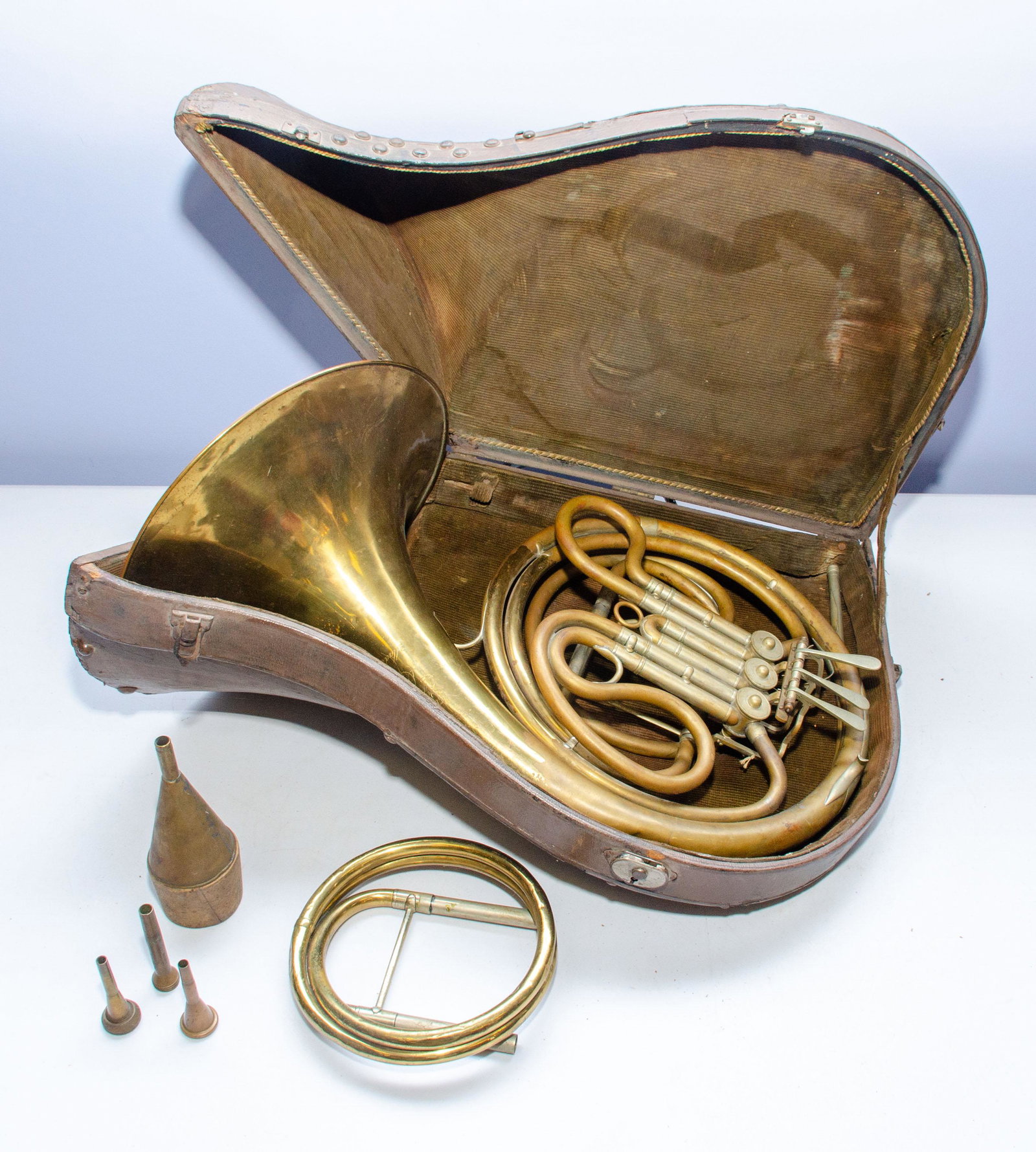 Kruspe Gumpert Model Compensating Double Horn: Compensating double French horn by Eduard Kruspe, bell is marked "Ed Kruspe / Hoflieferant / Erfurt / Made in Germany, with corked metal mute, several dents & discoloration, rotary valves need restrin