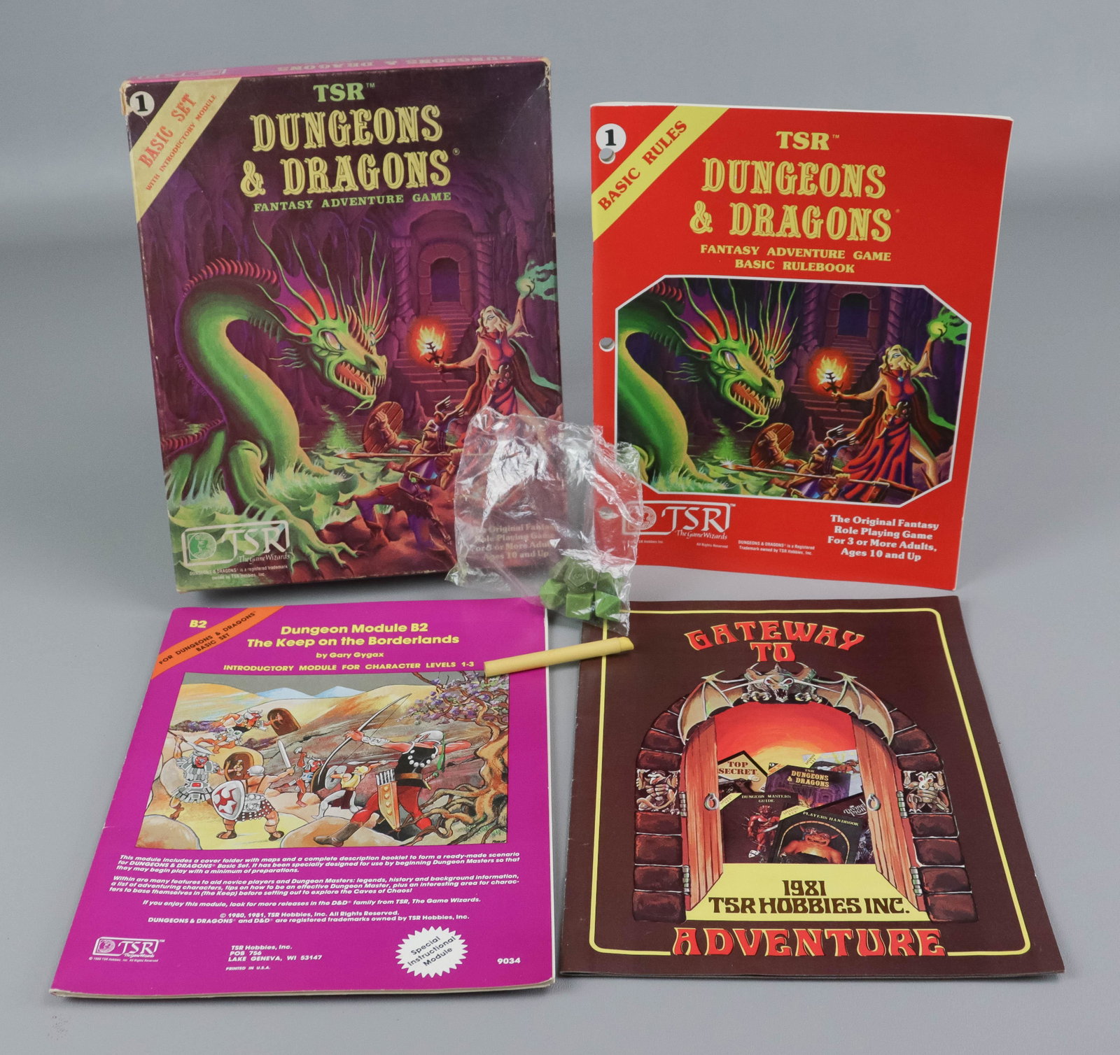 TSR Dungeons and Dragons Fantasy Adventure Game: TSR Dungeons and Dragons Fantasy Adventure Game, in box, includes pieces, instructions, Dungeon Module B2 and Gateway to Adventure Catalog.