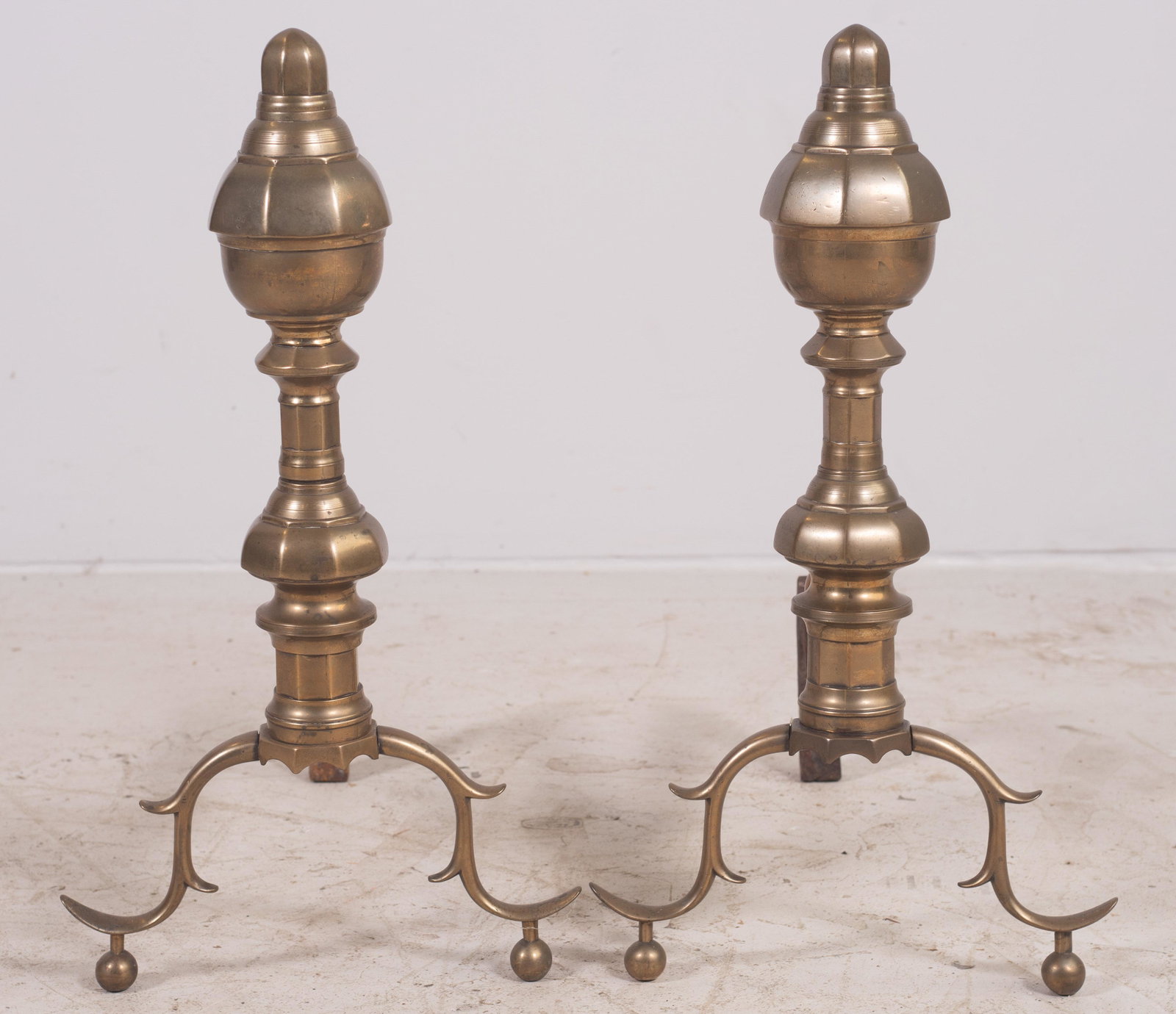 Pair Federal style brass andirons: Pair Federal style brass andirons, 24" h x 24" d