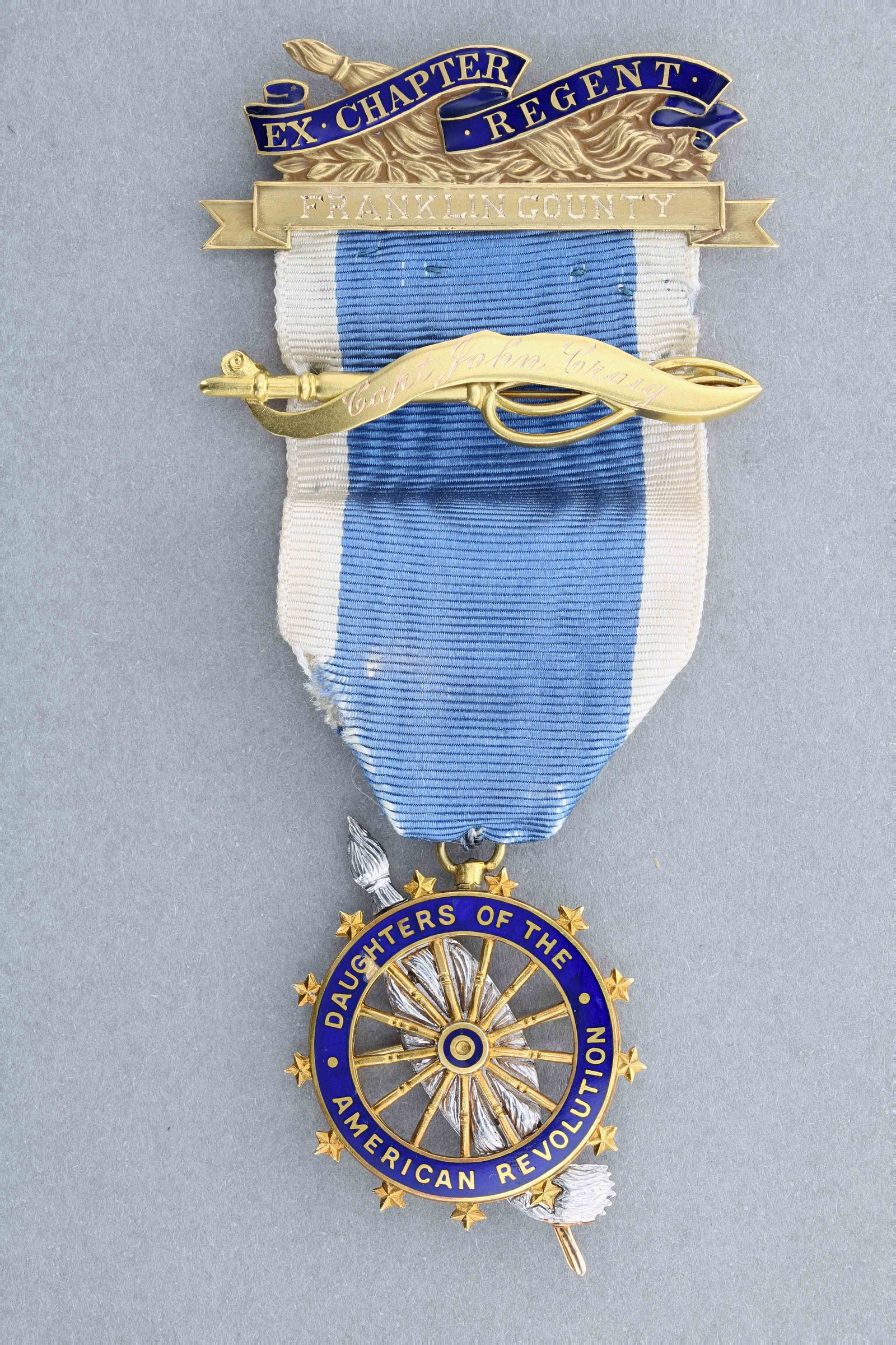 Daughters of The American Revolution 14K Medal: (1) J.E. Caldwell & Co. 14K Yellow gold Daughters of the American Revolution Blue Ribbon Medal. Engraved "Ex.Chapter Regent, Franklin County, Capt. John Craig, Margaret Craig Diehl 16231, 1929-1932" i