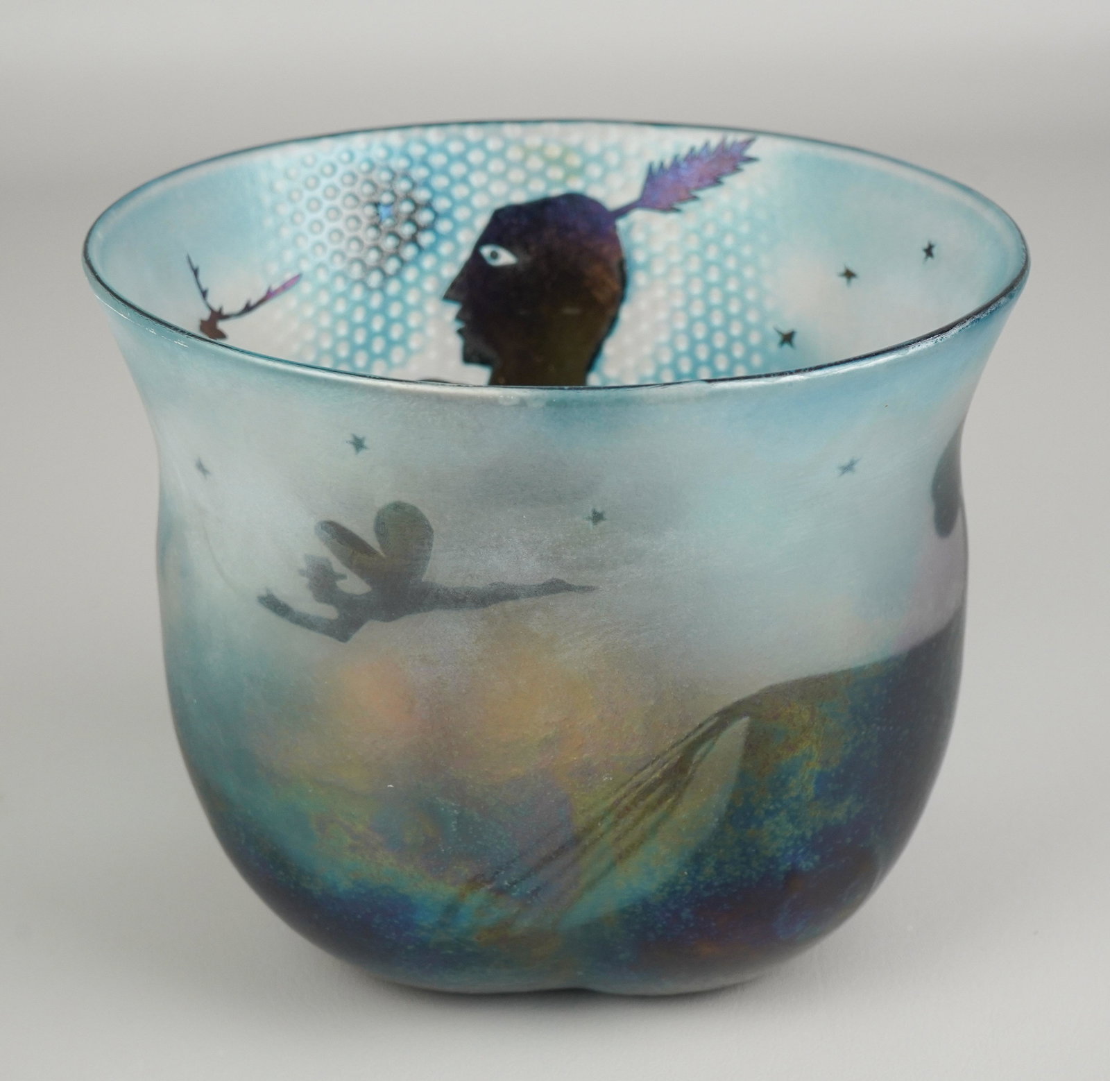Bertil Vallien Art Glass Cameo Vase: Bertil Vallien art glass cameo vase, engraved signature, "Kosta / Unik 5839 / B. Vallien", figure with deer, fairy, tree, waterfall, 7-1/2" x 6-3/4" x 6-1/2" h