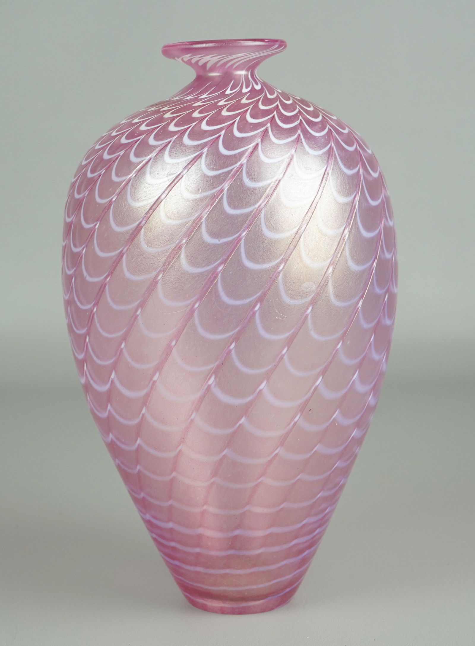 Bertil Vallien Minos Art Glass Vase: Bertil Vallien Minos blown art glass vase, pink iridescent pulled feather design, baluster shape with a narrow base, signed "Kosta Boda / Artist Coll / B Vallien / 48469", 9-3/4" h