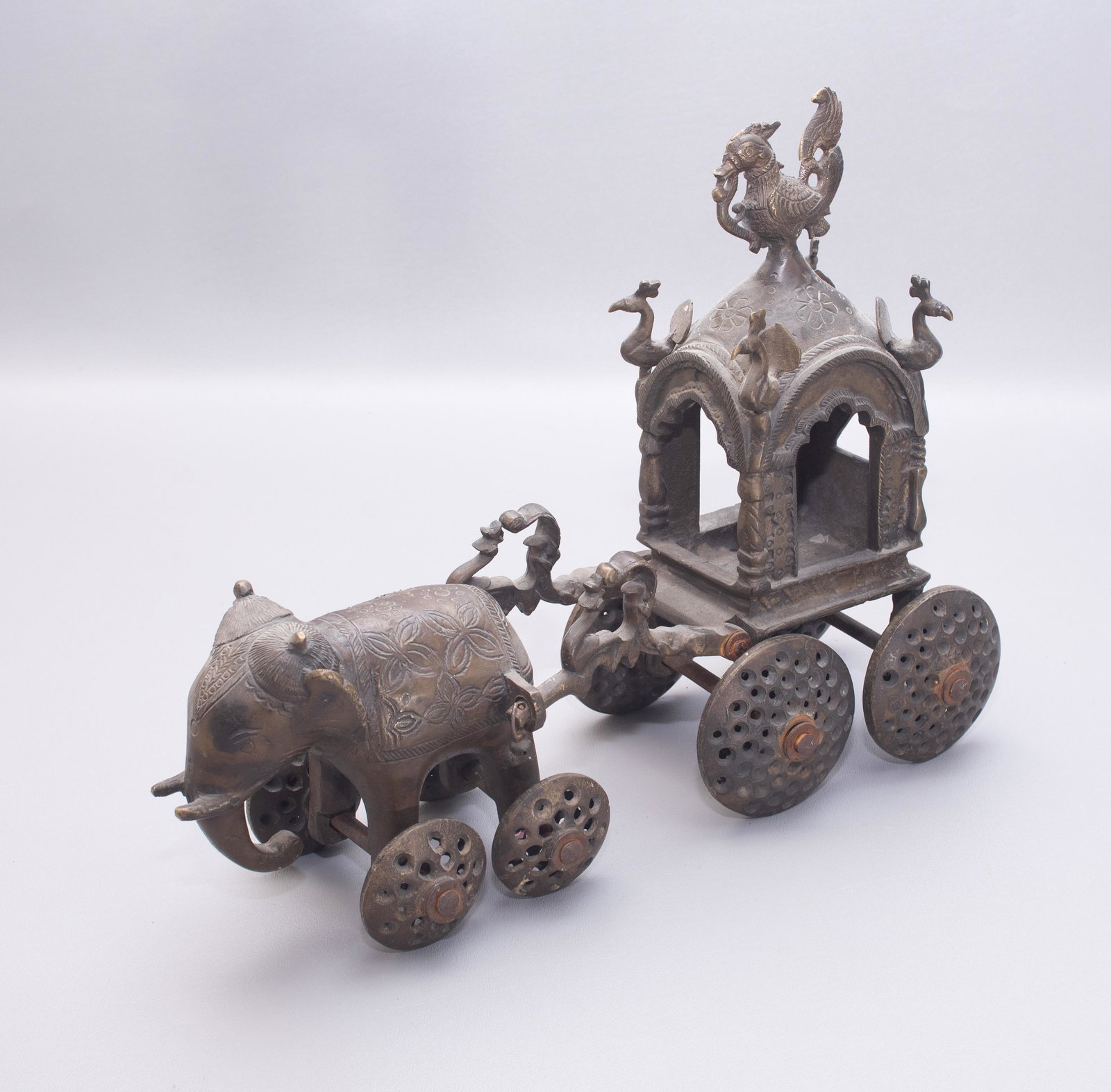 Indian Bronze Temple Toy: Indian bronze temple toy, elephant pulling carriage decorated with peacocks & exotic bird, 11-3/4" h x 15" l