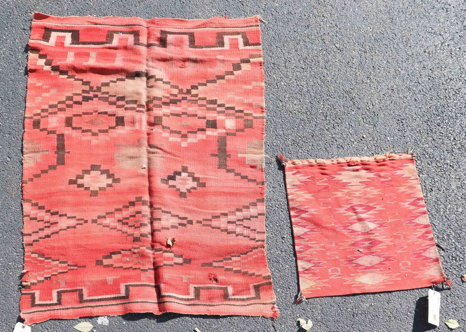 (2): 2'9" x 4' Rug, 1'10" x 1'9" Bag Face: (2): 2'9" x 4' Rug, 1'10" x 1'9" Bag Face, holes, wear to edge, color bleed