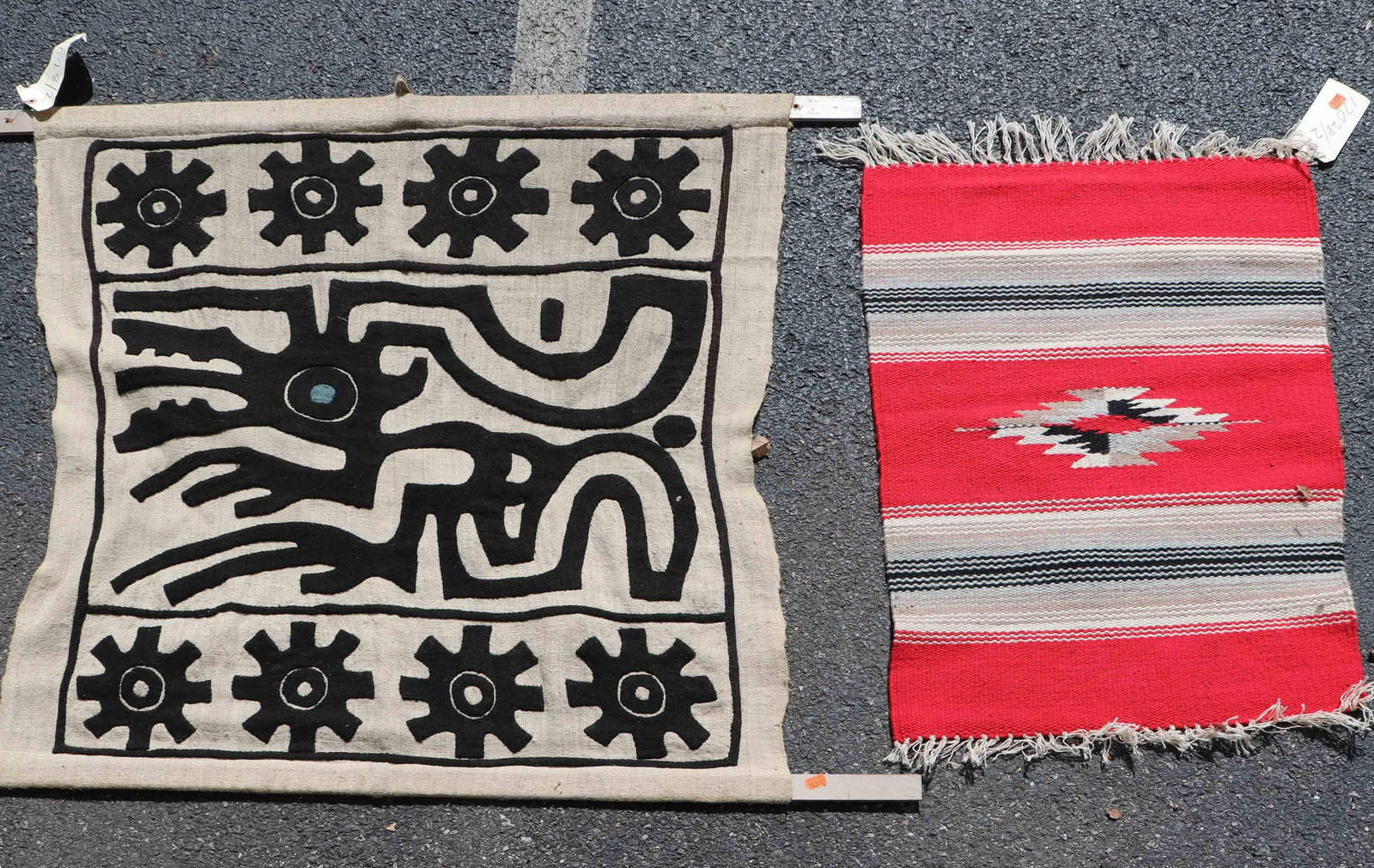 (2) Native American Textiles: 2' x 2'9", 3'1 x 3'4': (2) Native American Textiles: 2' x 2'9" New Mexican flatwoven rug "Elma Martinez", 3'1 x 3'4' applique woolen wall hanging