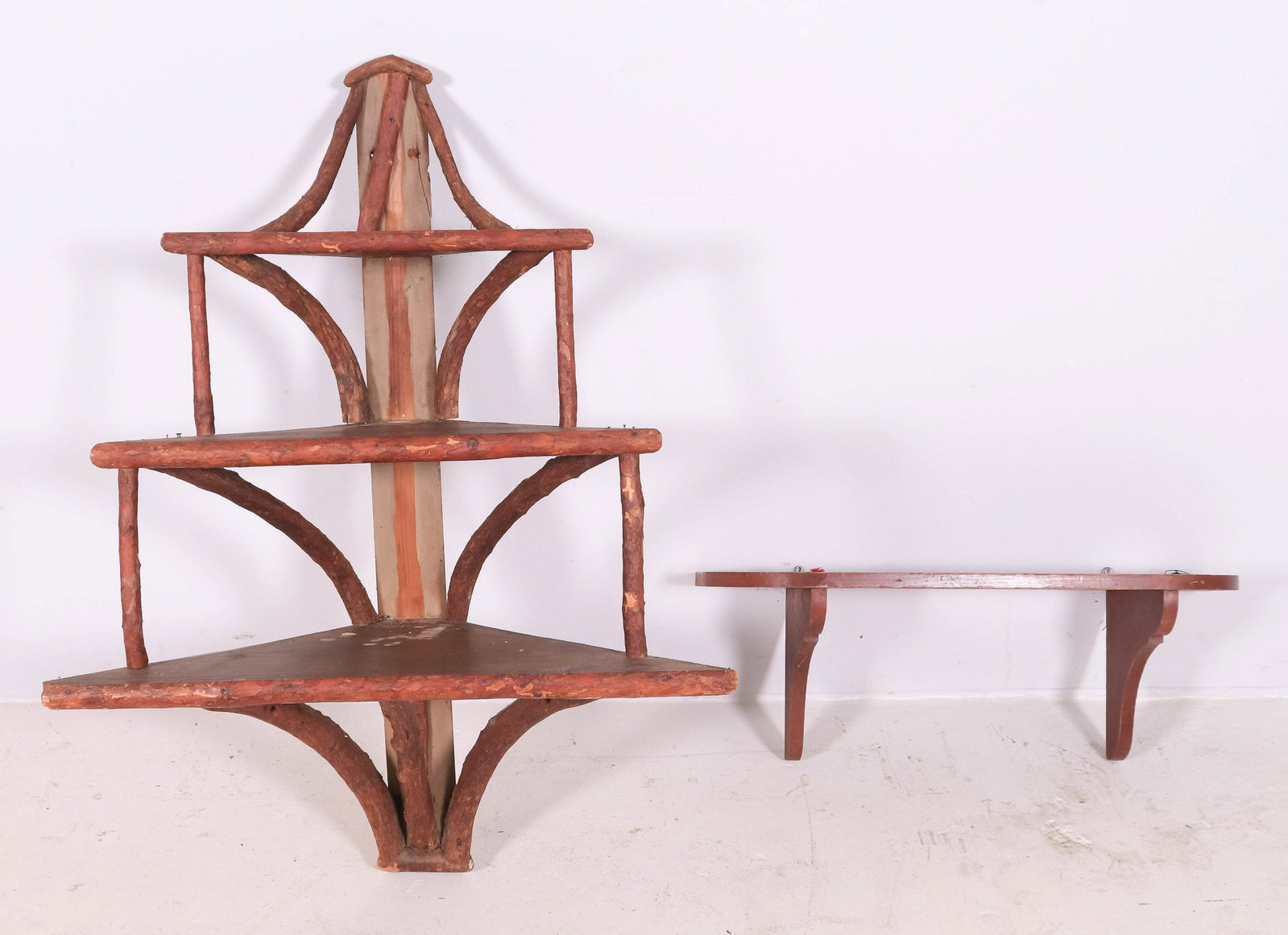 Primitive Adirondack corner shelf, red painted wall: Primitive Adirondack corner shelf, with another red painted wall shelf, Adirondak is 42" h, other shelf 30" w x 9-1/2" d