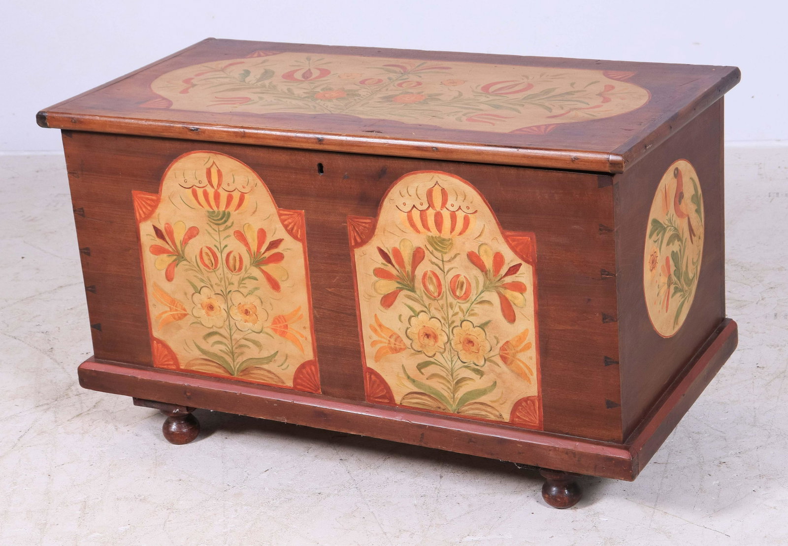 Poplar DT Blanket Chest w/later paint decoration: Poplar DT Blanket Chest w/later paint decoration, double tombstone panels, birds and flowers, 36" w, 18" d, 22" h, mid 19th c