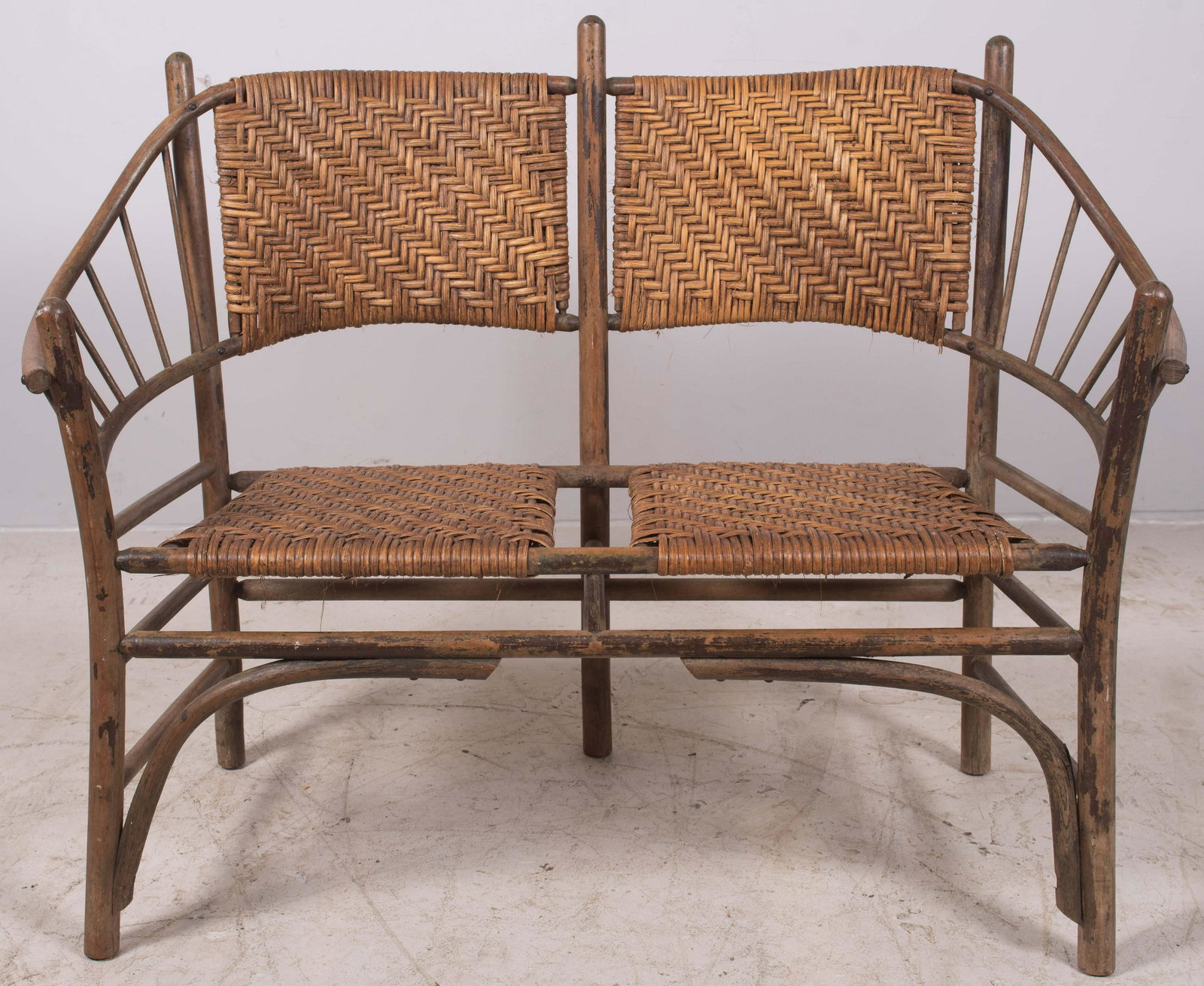 Double Back Adirondack Bentwood: Double Back Adirondack Bentwood 37" h, 51" w, late 19th/early 20th c Settee , Woven Seat and Back,