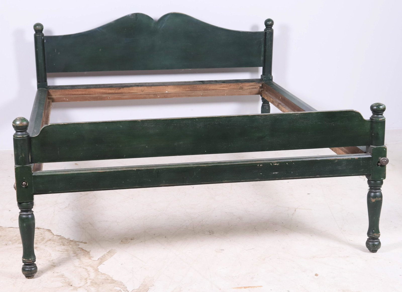 Blue-Green Painted Turned Post Bed: Blue-Green Painted Turned Post Bed, scrolled headboard, 40" h, accepts mattress 62" w, 80" l, bolt rails, bench made reproduction