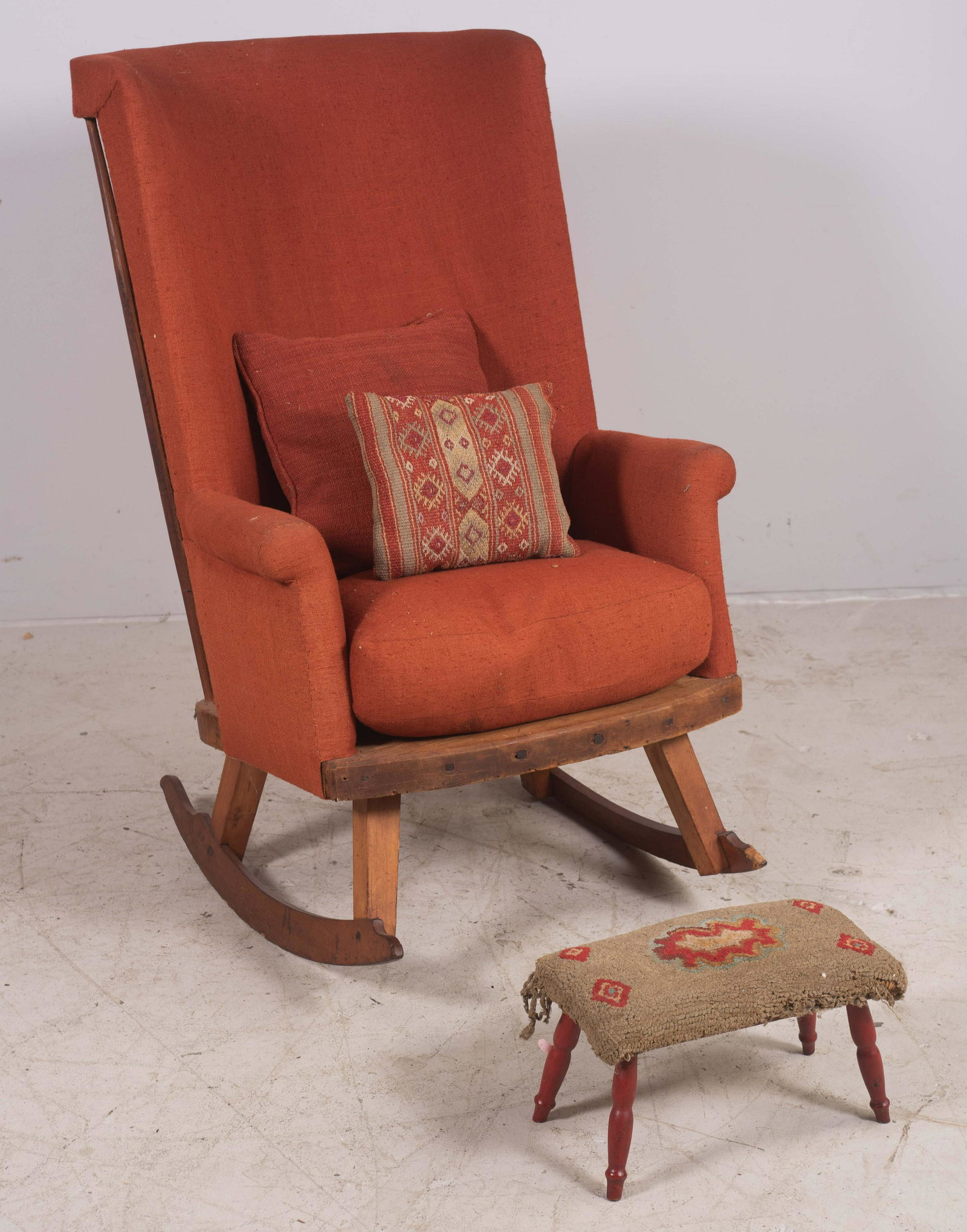 Primitive Upholstered Rocker: Primitive Upholstered Rocker, solid pine seat, spindle back, with cushions and a stool, c 1900, 42" h