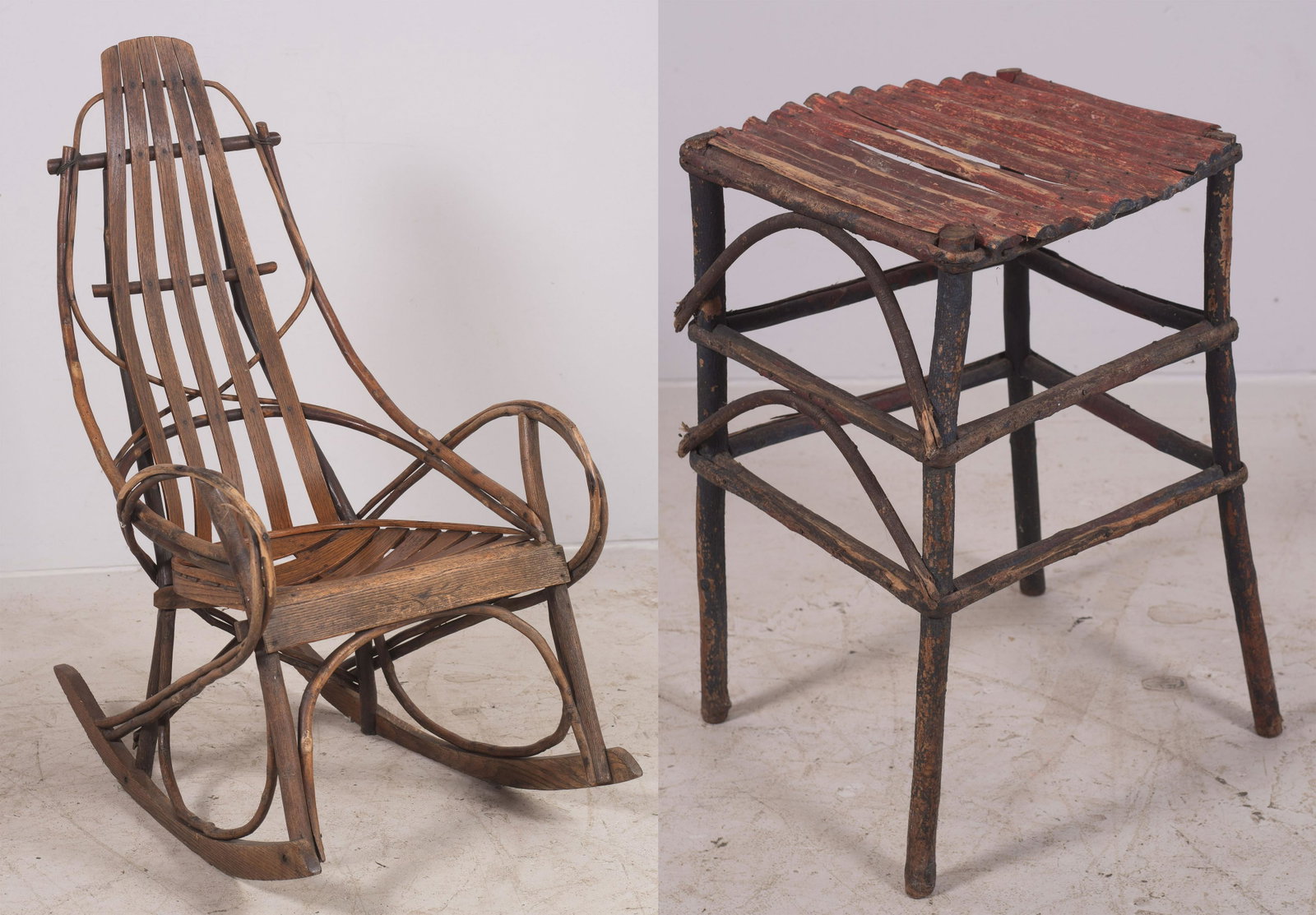Adirondack Twig Rocker, slatted seat: Adirondack Twig Rocker, slatted seat, 41" h, 21 1/2" w at arms, 19th c, with a twig stool, 24" h, 15" sq at top