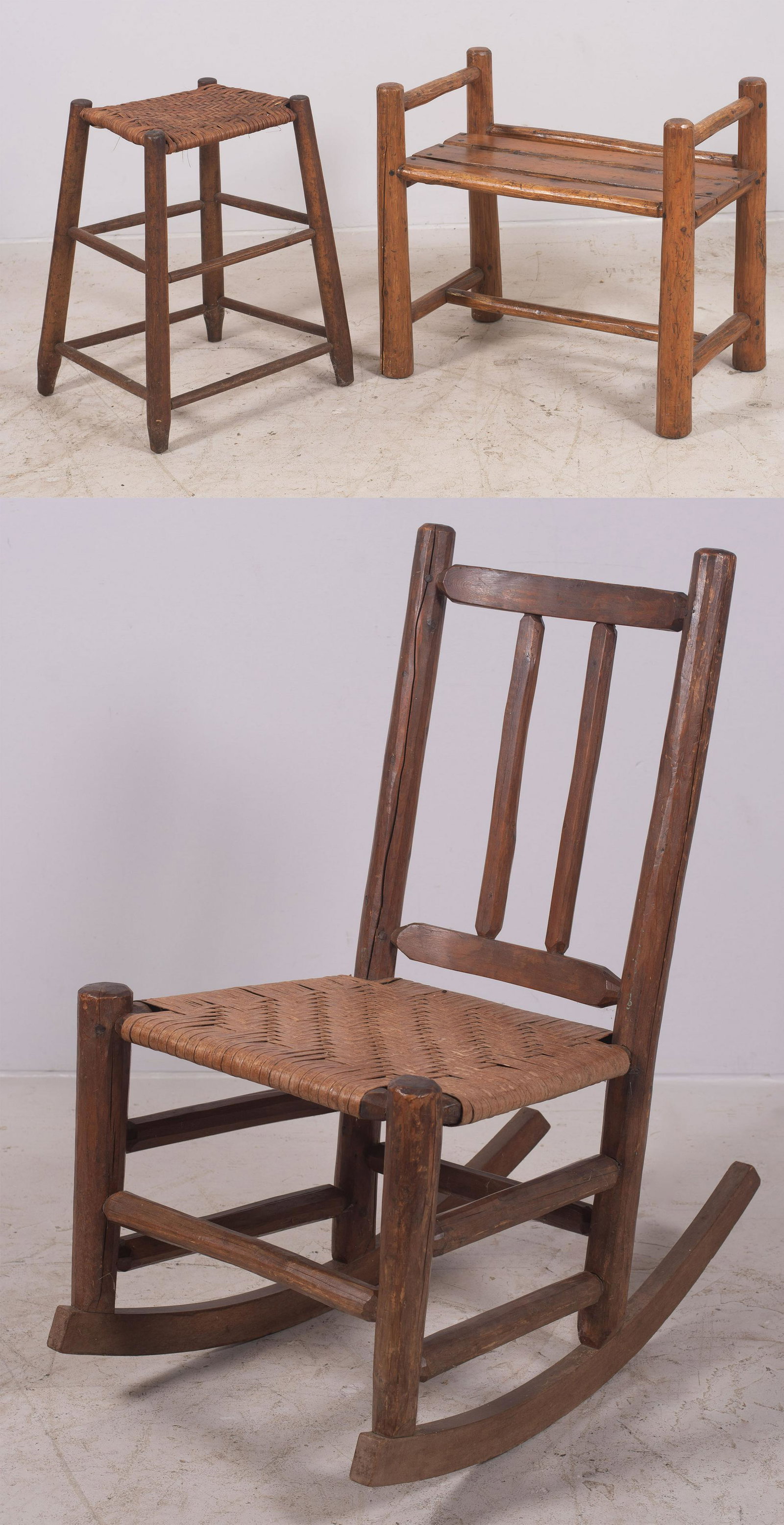 (3) Primitive Benches/Rocker: (3) Primitive Benches/Rocker, Adirondack bench with slatted seat, 25" x 15", Adirondack rocker w/splint seat, 36" h, 16" seat, splayed soll with woven splint seat, 22" h, 13 3/4" x 11 3/4", all in old