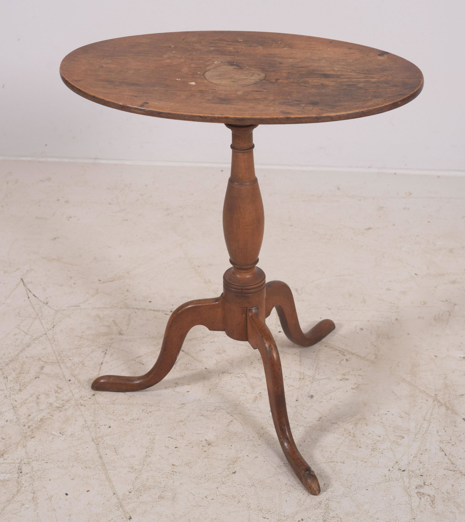 Oval Birch Tripod Candle Stand: Oval Birch Tripod Candle Stand, baluster standard, 24" x 15", 26 1/2" h, NE, early 19th c, old brown finish
