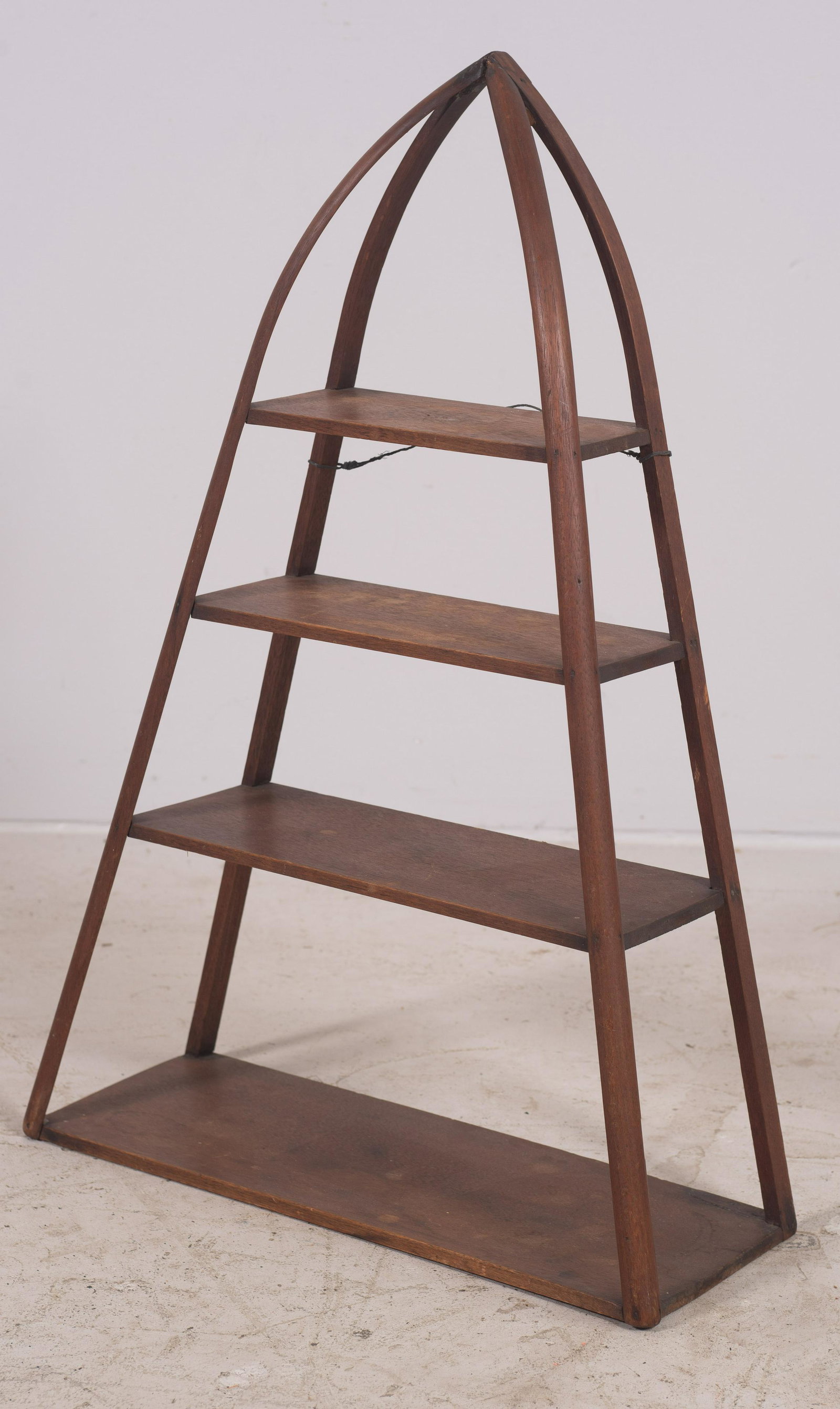 Bentwood Walnut Splayed Curio Shelf: Bentwood Walnut Splayed Curio Shelf, 27 1/2" h, 19" w, 6 3/4" d at base
