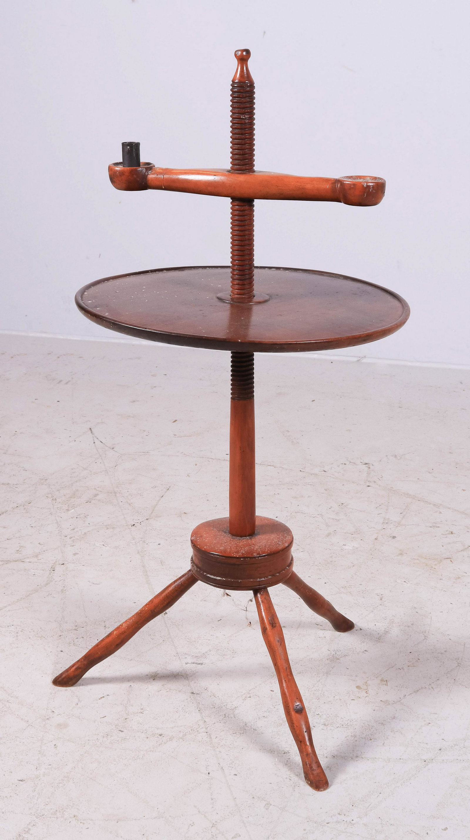 Maple Windsor candle stand with screw jack top: Maple Windsor candle stand with screw jack top, revolving shelf, 16" diameter, overall height 33"