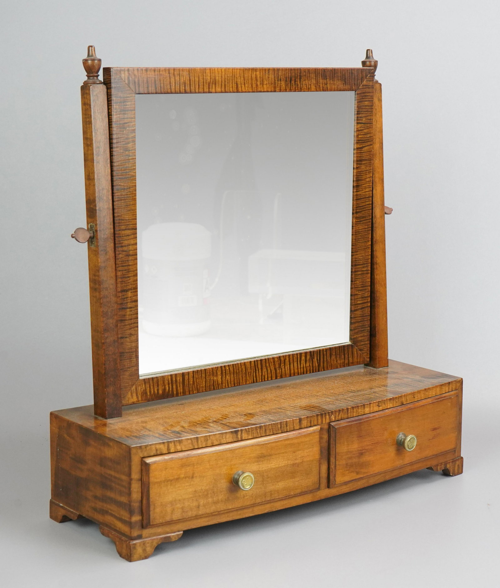 Tiger Maple shaving mirror w/ two drawers: Tiger Maple shaving mirror w/ two drawers, 20" h x 18" w, silvering to mirror