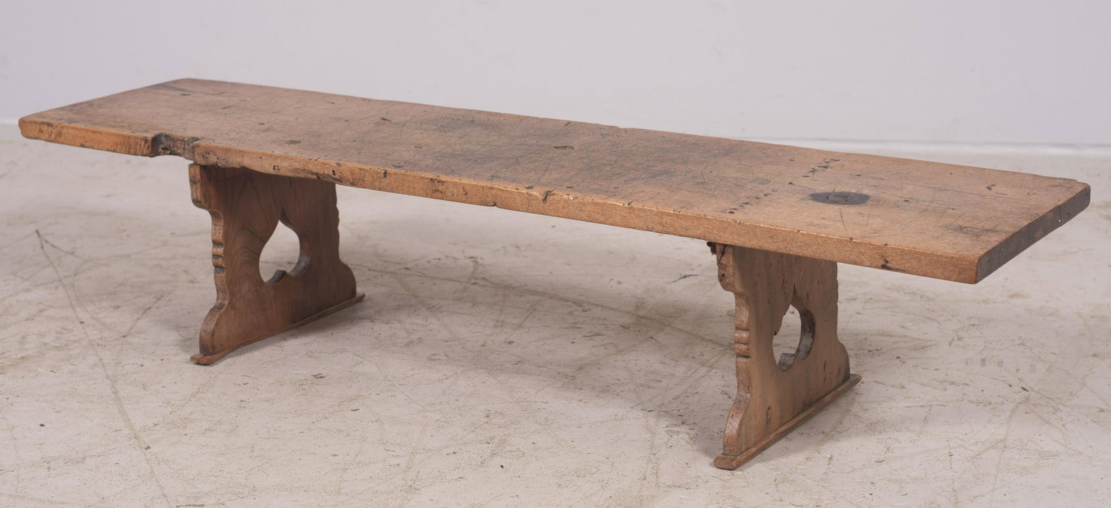 Scrubbed maple bench with scalloped and cut our heart: Scrubbed maple bench with scalloped and cut our heart supports, 42" l x 11" w x 9-1/4" h