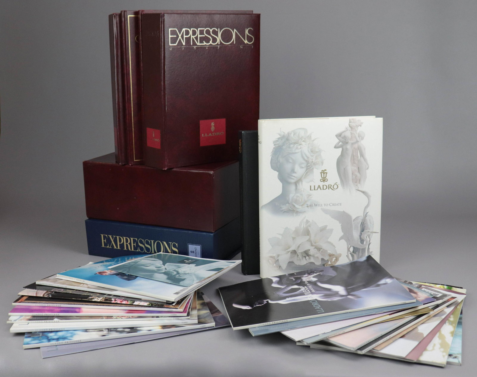 Lot of Lladro Ephemera: Large lot of Lladro Expressions magazines, Lladro Privilege 2006, catalogues, Collectors Catalogue Volume I, II, III & IV, Lladro The Will to Create book, The Magic World of Porcelain book