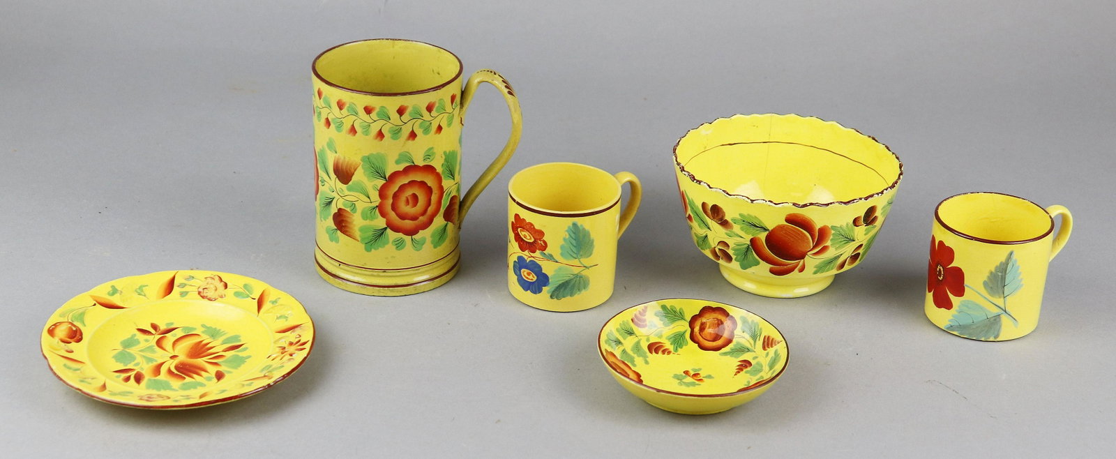 (6) Canaryware Table Articles: (6) Canaryware table articles to include (2) floral painted handled cups, (2) saucers, bowl and tankard, 19th c.