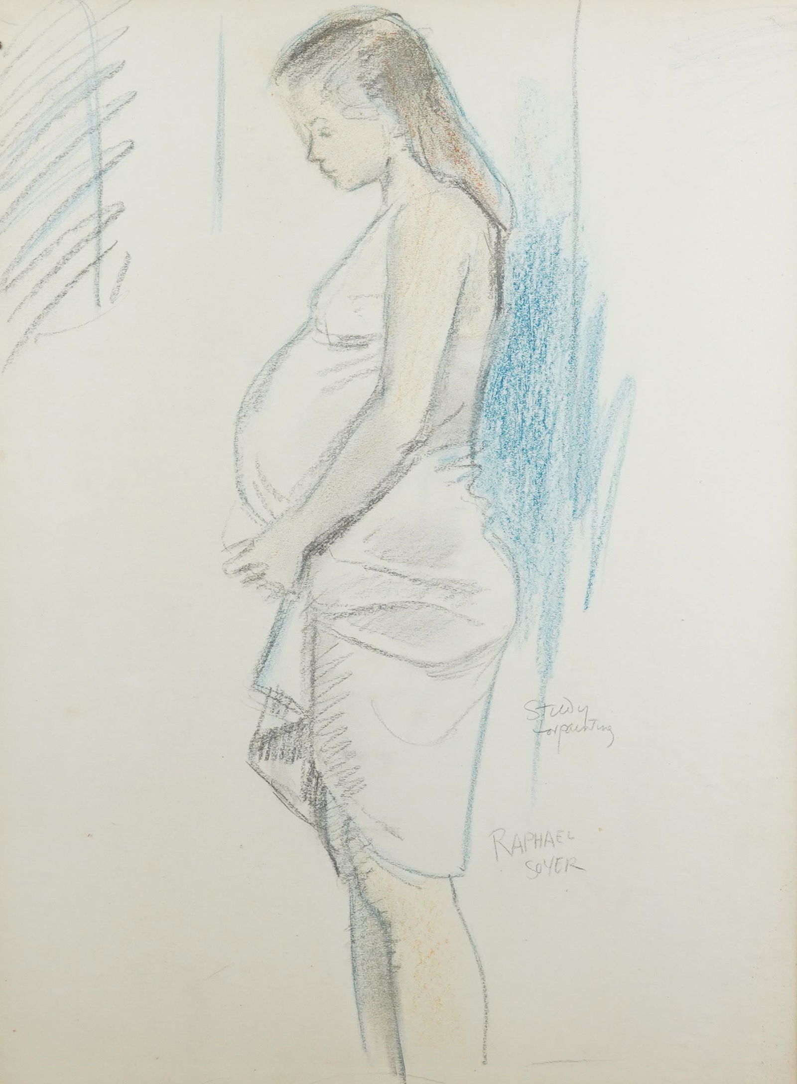 Study Sketch for Painting: Study sketch for painting, colored pencil on paper, bears signature "Raphael Soyer", 19-1/4" x 14" sight, framed 26" x 20", good condition with foxing