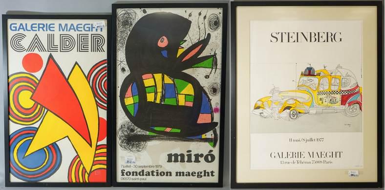(3) Galerie Maeght Posters, Steinberg, Calder & Miro: (3) Galerie Maeght posters, Steinberg, Calder & Miro, Saul Steinberg lithograph with foil on paper, 30-14" x 23" sight; Alexander Calder lithograph on paper, 30-1/2" x 18-3/4" sheet; Joan Miro lithogr